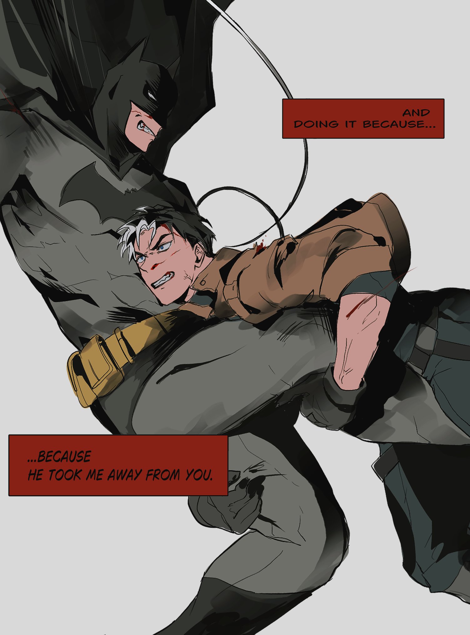 batman, bruce wayne, jason todd, red hood (dc), batman (series), dc comics, highres, bat signal, batman symbol, black bodysuit, black gloves, black hair, blue eyes, bodysuit, brown jacket, cowl, gloves, grey bodysuit, holding, jacket, jasonjoayo, male focus, mask, multicolored bodysuit, multiple boys, muscular, muscular male, open clothes, pants, red hood and the outlaws, short hair, superhero costume, taut bodysuit, two-tone bodysuit