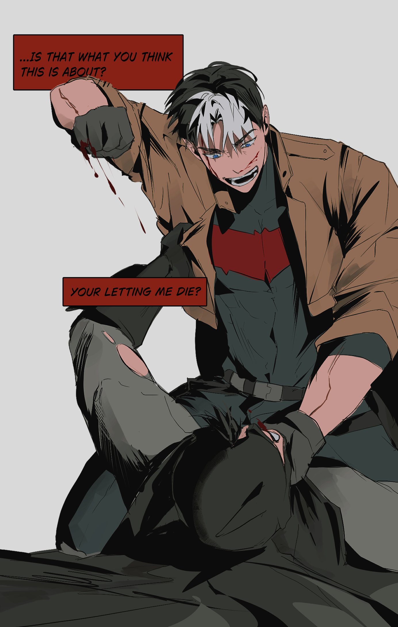 batman, bruce wayne, jason todd, red hood (dc), batman (series), dc comics, highres, bat signal, batman symbol, black bodysuit, black gloves, black hair, blue eyes, bodysuit, brown jacket, cowl, gloves, grey bodysuit, holding, jacket, jasonjoayo, male focus, mask, multicolored bodysuit, multiple boys, muscular, muscular male, open clothes, pants, red hood and the outlaws, short hair, superhero costume, taut bodysuit, two-tone bodysuit