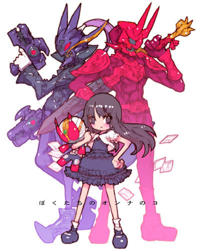 nakayama tooru, hana (kamen rider den-o), kamen rider den-o, kohana, momotaros, momotarosu, ryutaros, ryutarosu, kamen rider, kamen rider den-o (series), lowres, 1girl, doll, gun, horns, oni, sword, weapon