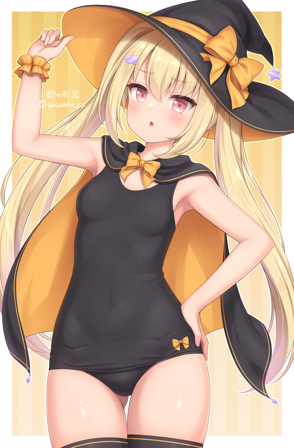 sasaame, original, commentary request, highres, 1girl, :o, artist name, black cape, black hat, black one-piece swimsuit, black thighhighs, blonde hair, bow, breasts, cape, cowboy shot, gluteal fold, hand on own hip, hat, hat bow, long hair, looking at viewer, old school swimsuit, one-piece swimsuit, open mouth, orange bow, orange cape, petite, red eyes, school swimsuit, small breasts, solo, swimsuit, thighhighs, twintails, twitter username, two-sided cape, two-sided fabric, witch hat