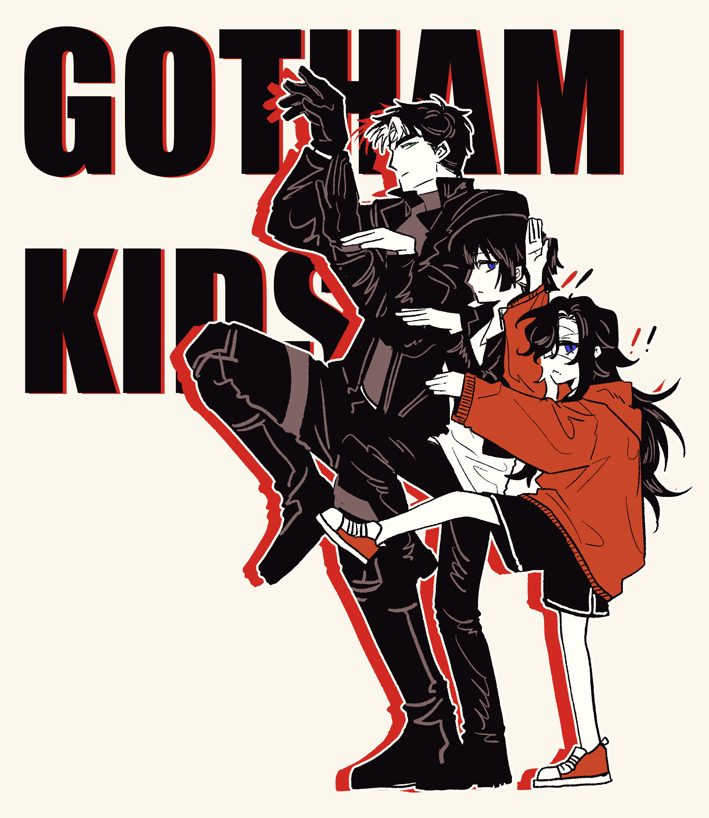 jason todd, batman (series), dc comics, absurdres, highres, 1boy, 2girls, black bodysuit, black gloves, black hair, blue eyes, bodysuit, gloves, jacket, multicolored bodysuit, multicolored hair, multiple girls, muscular, muscular male, open clothes, pants, rasta lv, shirt, short hair, two-tone bodysuit