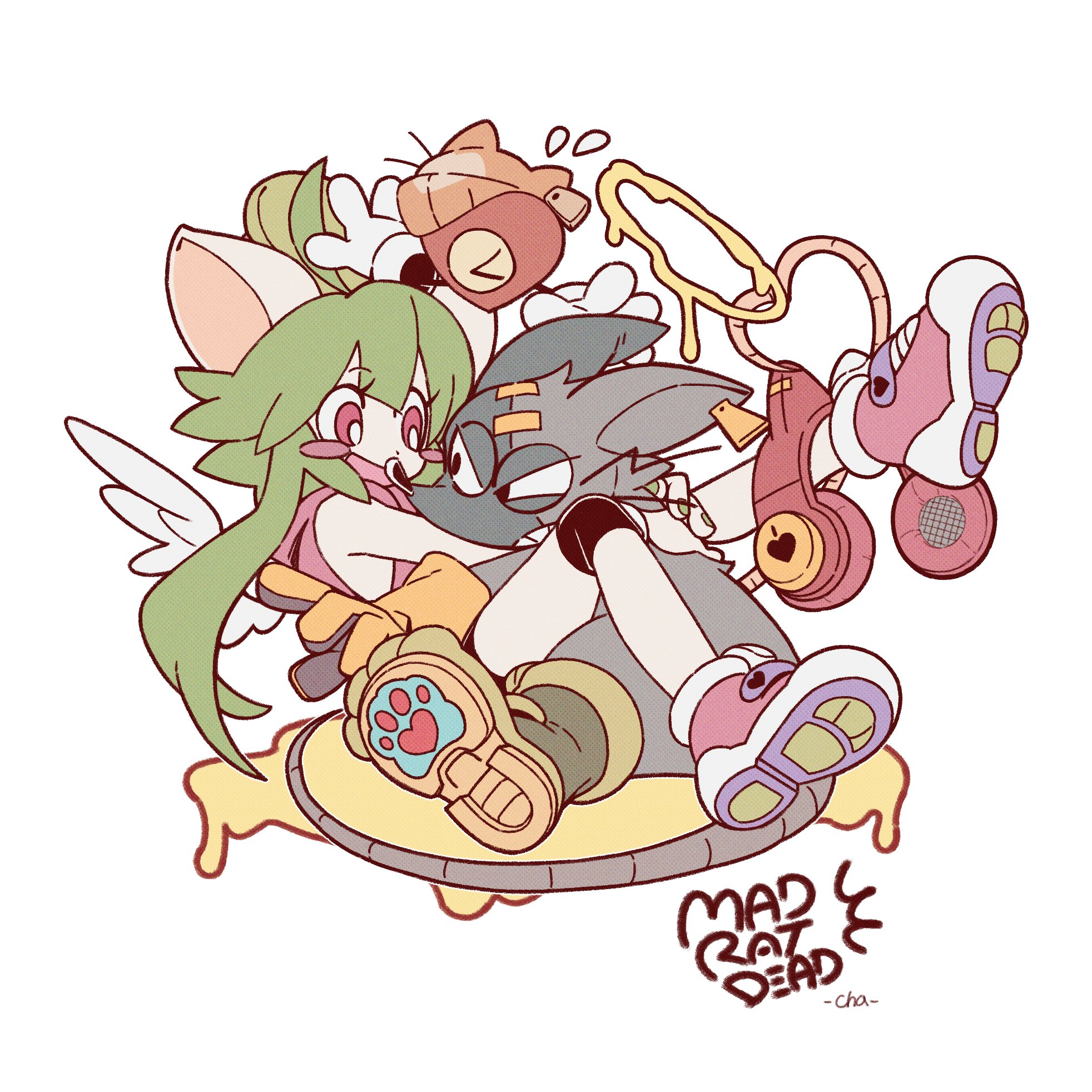 heart (mad rat dead), rat god (mad rat dead), mad rat dead, commentary, highres, > <, 1girl, 2boys, :d, ahoge, alternate costume, angel wings, animal ear headphones, animal ears, beanie, bike shorts, black eyes, black shorts, blush stickers, cat ear headphones, cat ears, cha3w3, cheese, copyright name, ear tag, fake animal ears, flying sweatdrops, food, gloves, green hair, green nails, halo, hat, headphones, heart, hug, knee pads, long sidelocks, mad rat (mad rat dead), mouse boy, mouse ears, mouse girl, mouse tail, multiple boys, one-eyed, open mouth, paw shoes, pink shoes, red eyes, shoes, shorts, sidelocks, smile, sneakers, stitches, tail, v-shaped eyebrows, white background, wings, yellow gloves, yellow halo