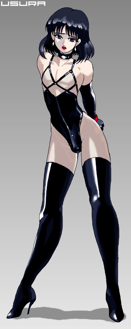 usura, highres, 1boy, androgynous, arms behind back, bdsm, black hair, bondage, boots, bound, bulge, choker, crossdressing, crossdressing (mtf), earrings, elbow gloves, erection, erection under clothes, gloves, high heel boots, high heels, jewelry, latex, latex gloves, lipstick, makeup, male focus, pale skin, red lips, shoes, short hair, solo, thigh boots, thighhighs, trap