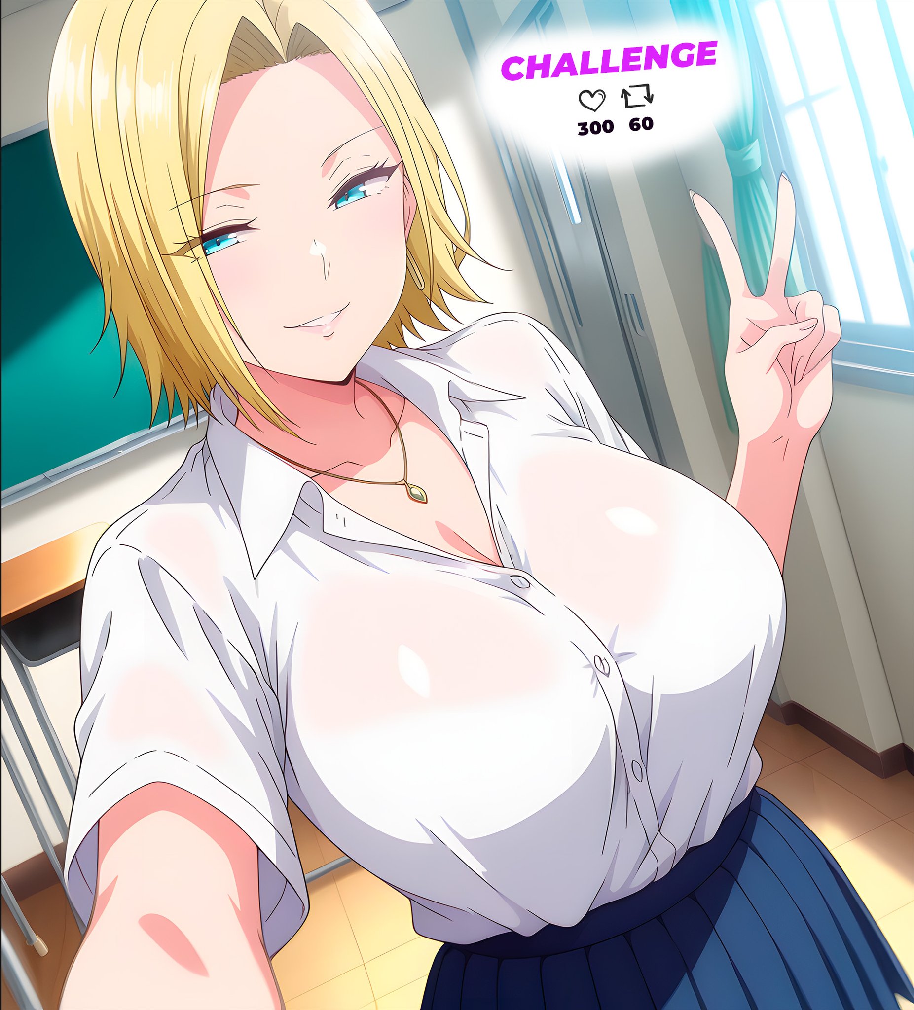 nori gorou, hamazaki reina, imaizumin-chi wa douyara gal no tamariba ni natteru rashii, 1girl, blonde hair, blue eyes, blue skirt, breasts, gyaru, school uniform, short hair, skirt