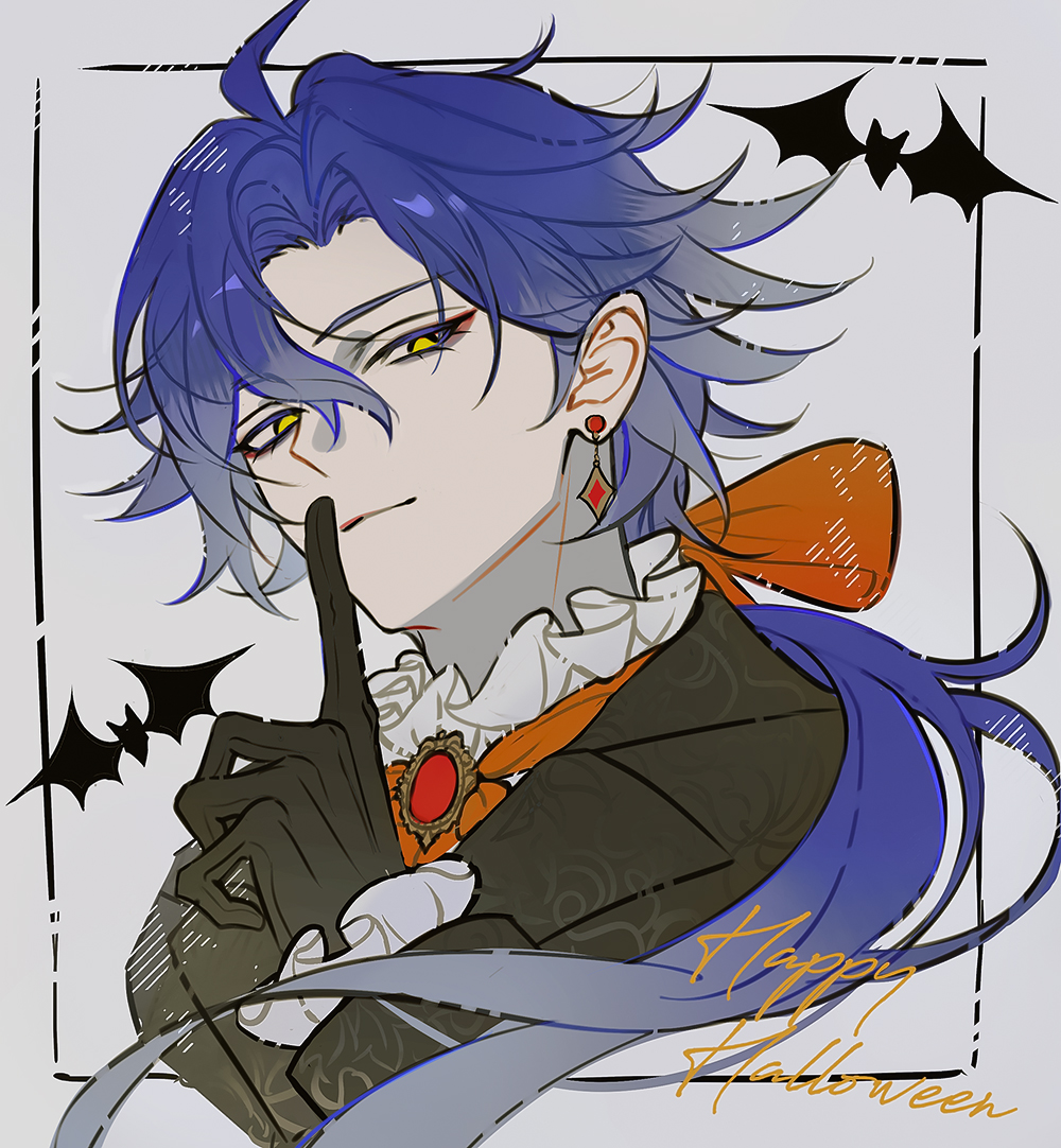 tomanattsu, flins (genshin impact), genshin impact, bat (animal), black gloves, earrings, finger to mouth, gloves, hair ribbon, halloween, halloween costume, happy halloween, jewelry, light smile, multicolored hair, ribbon, shushing, white background, yellow eyes