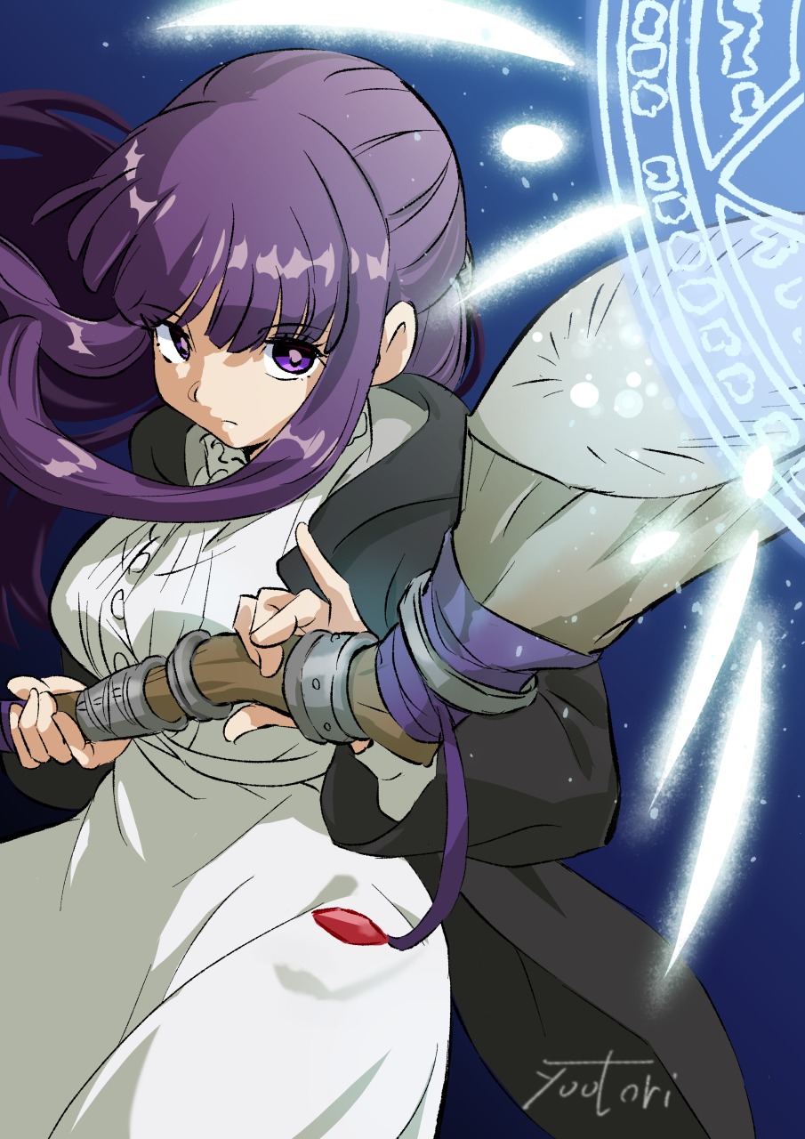 you bird, fern (sousou no frieren), sousou no frieren, commentary request, highres, 1girl, artist name, black coat, blue background, closed mouth, coat, cowboy shot, dress, holding, holding staff, long hair, long sleeves, looking at viewer, mage staff, magic, open clothes, open coat, purple eyes, purple hair, solo, staff, white dress