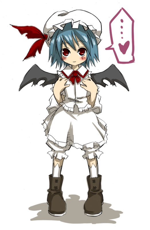 noya makoto, remilia scarlet, touhou, 1girl, bat wings, blue hair, blush, boots, female focus, hat, heart, red eyes, solo, spoken heart, wings