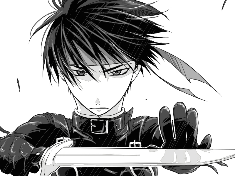 kittaka kaname, orphen, majutsushi orphen, bad id, bad pixiv id, 1boy, greyscale, headband, male focus, monochrome, solo, sword, weapon