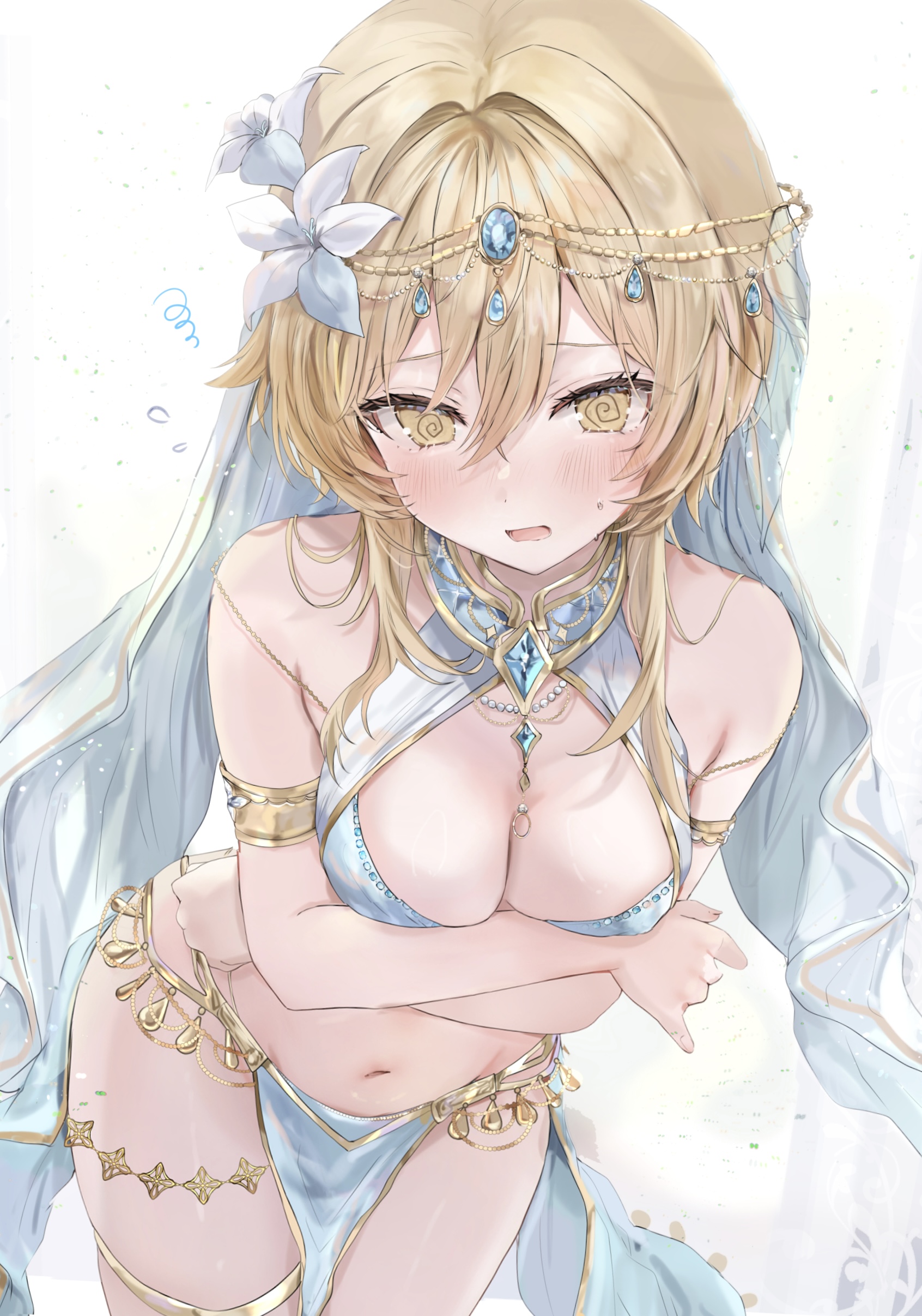 maruro, lumine (genshin impact), genshin impact, absurdres, commentary request, highres, 1girl, @ @, alternate costume, arms under breasts, bare shoulders, blonde hair, blue gemstone, blue loincloth, blush, breasts, cleavage, dancer, fingernails, flower, gem, hair between eyes, hair flower, hair ornament, harem outfit, leaning forward, loincloth, looking at viewer, medium breasts, navel, open mouth, short hair with long locks, solo, stomach, white flower, yellow eyes