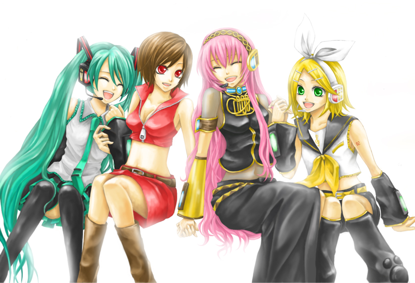 sakura (ms ms ms), hatsune miku, kagamine rin, megurine luka, meiko (vocaloid), vocaloid, bad id, bad pixiv id, 4girls, aqua hair, belt, blonde hair, boots, breasts, brown hair, cleavage, detached sleeves, green eyes, hair ornament, hair ribbon, hairclip, headset, holding hands, large breasts, long hair, medium breasts, midriff, multiple girls, navel, necktie, pink hair, red eyes, ribbon, short hair, skirt, thighhighs, twintails, very long hair, zettai ryouiki, zipper