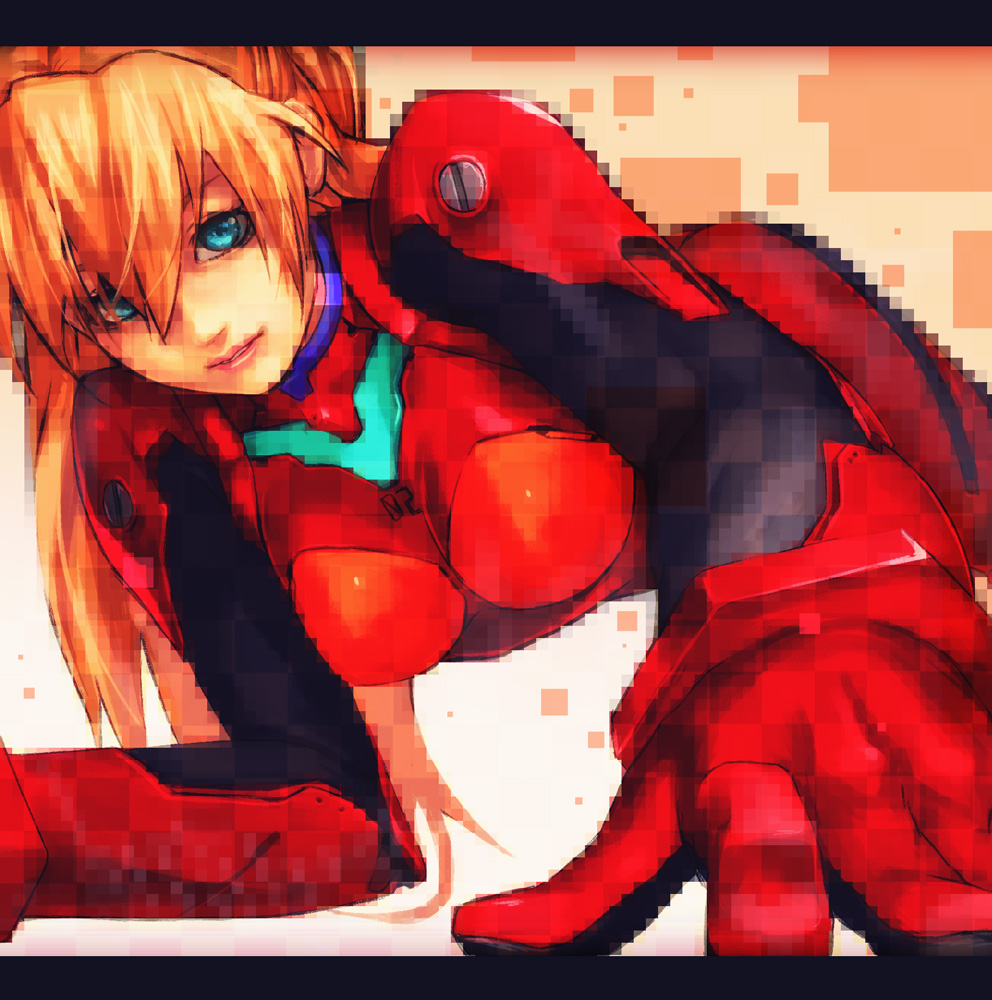 yuuji (and), souryuu asuka langley, neon genesis evangelion, bad id, bad pixiv id, 1girl, aqua eyes, breasts, female focus, lipstick, long hair, makeup, mecha pilot suit, orange hair, plugsuit (evangelion), solo