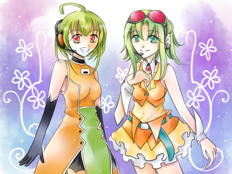 phyllon lithos, fl-chan, gumi, fl studio, vocaloid, 2girls, ahoge, belt, elbow gloves, gloves, goggles, green eyes, green hair, headset, multiple girls, orange eyes, skirt, smile, wing collar, wrist cuffs