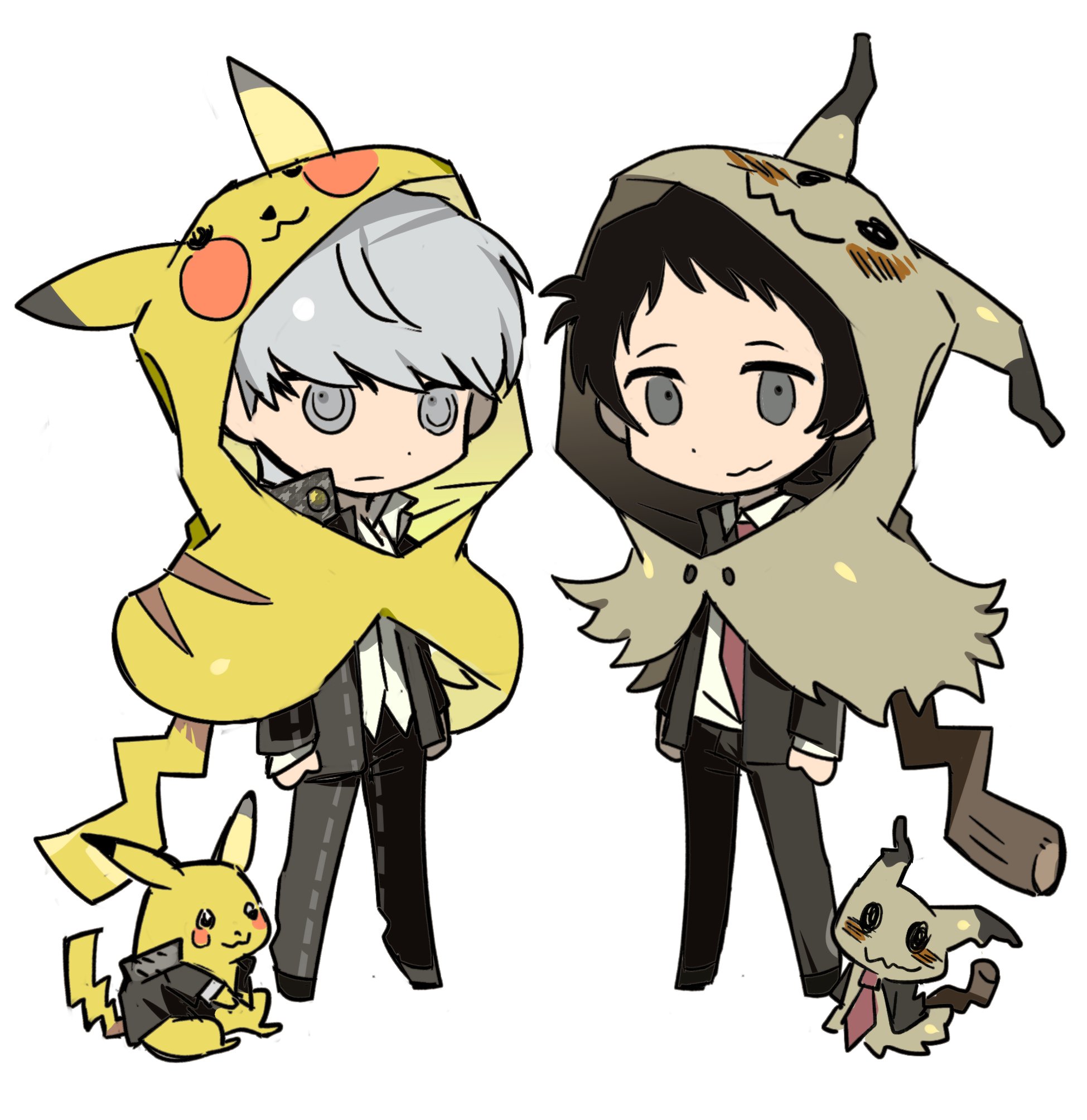 adachi tooru, mimikyu, narukami yu, pikachu, nintendo, persona, persona 4, pokemon, highres, 2boys, cosplay, full body, gen 1 pokemon, gen 7 pokemon, grey hair, inol lum, male focus, mimikyu (cosplay), multiple boys, onesie, pikachu (cosplay), pokemon (creature), school uniform, yasogami school uniform