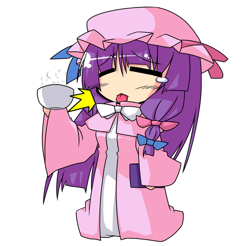 tsuboraa, patchouli knowledge, touhou, 1girl, book, bow, chibi, drink, female focus, hair ribbon, hat, pink bow, purple hair, ribbon, solo, tears, tongue, tubora