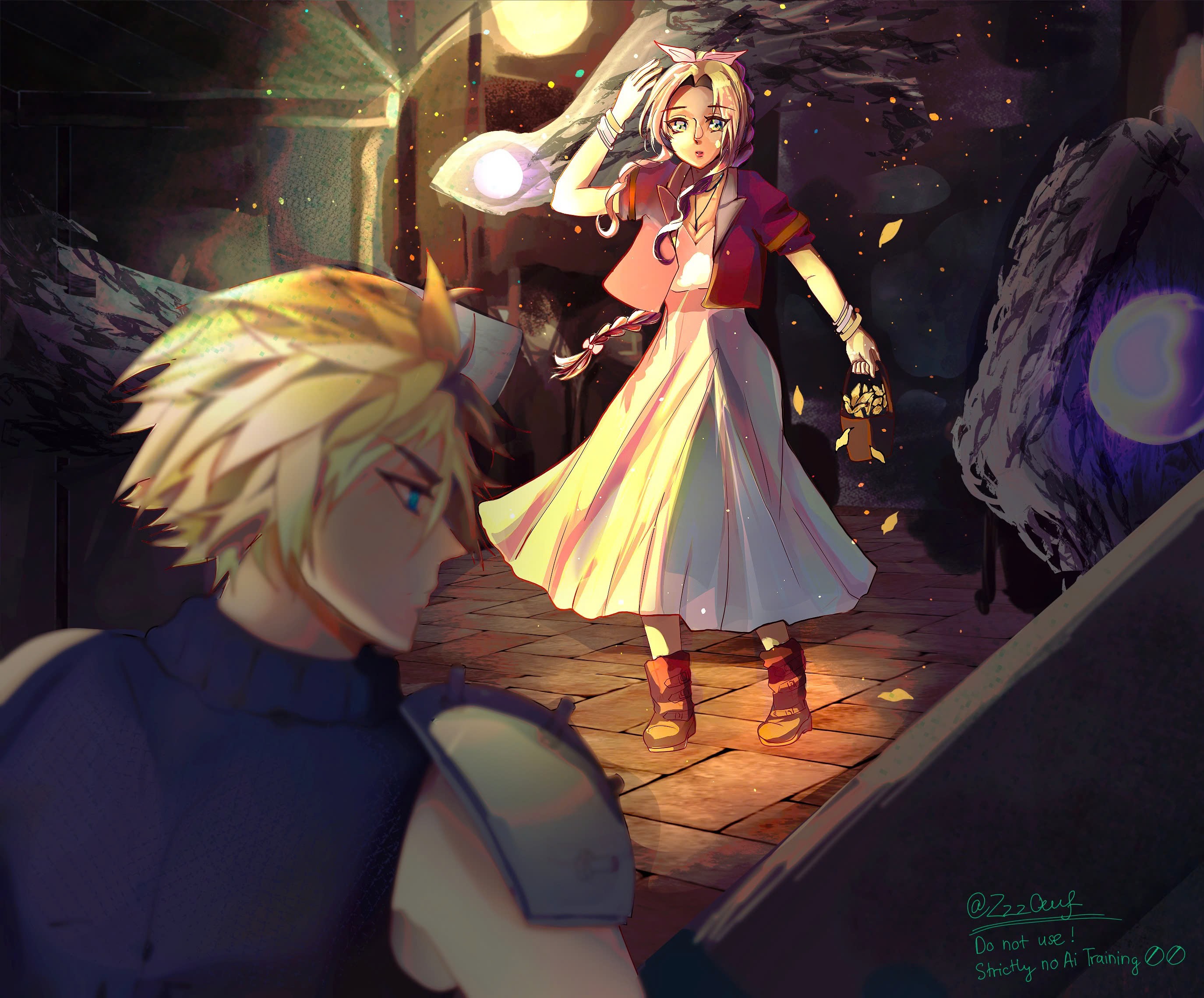 aerith gainsborough, cloud strife, final fantasy, final fantasy vii, final fantasy vii remake, highres, 1boy, 1girl, aqua eyes, armor, basket, blonde hair, blue shirt, blurry, blurry foreground, boots, braid, braided ponytail, brown boots, brown hair, cobblestone, cropped jacket, dress, falling petals, fighting stance, flower, furrowed brow, hair ribbon, holding, holding basket, hood, hood up, jacket, jewelry, long dress, long hair, necklace, parted bangs, pauldrons, petals, pink dress, pink ribbon, red jacket, ribbon, shirt, short hair, short sleeves, shoulder armor, sidelocks, single braid, single pauldron, sleeveless, sleeveless turtleneck, spiked hair, turtleneck, twitter username, whispers (ff7), yellow flower, zzzoeuf