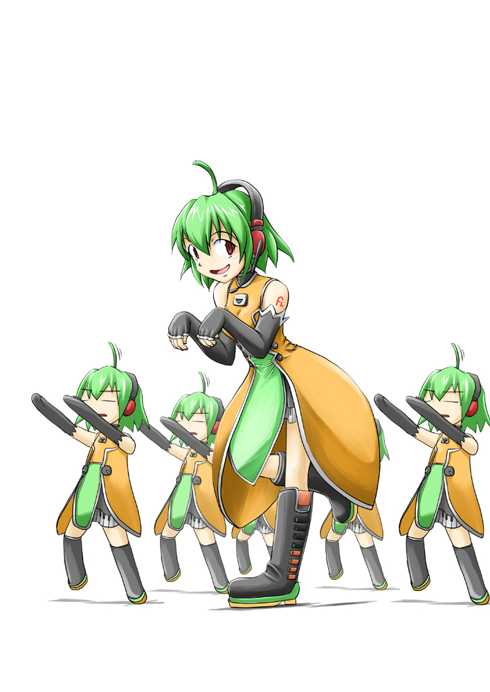 asahi sai, asahina you, fl-chan, michael jackson, fl studio, thriller (michael jackson), vocaloid, 6+girls, = =, boots, clone, dancing, fingerless gloves, gloves, green hair, headphones, multiple girls, multiple persona, orange eyes, piano print