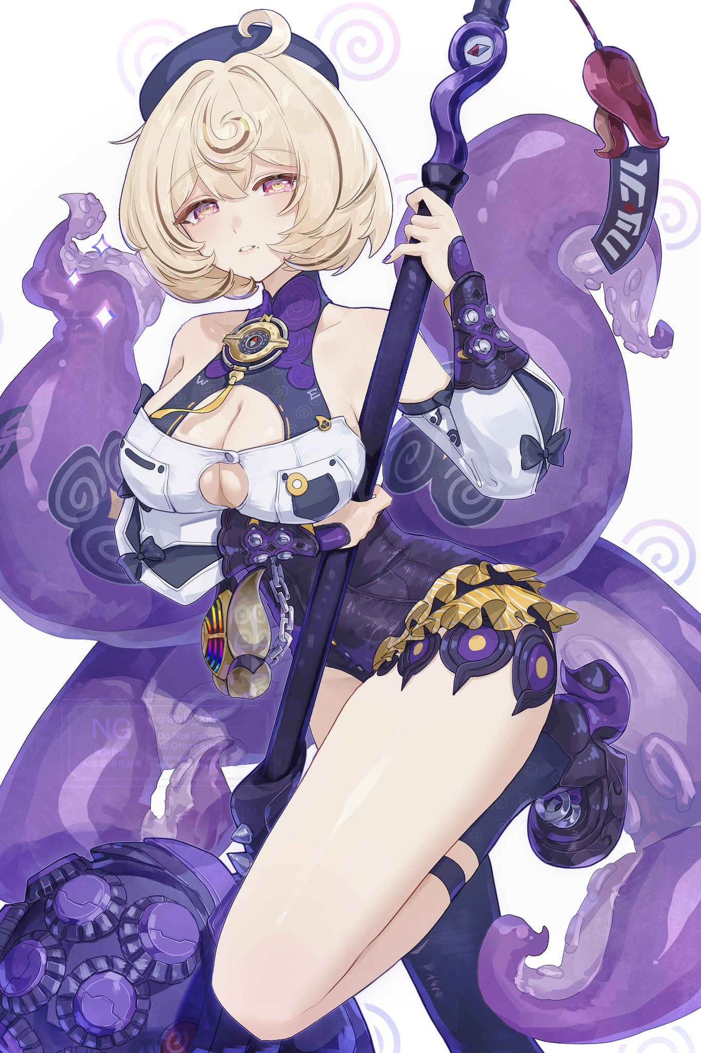 suwa (swk kkk), yidhari murphy, zenless zone zero, commentary, highres, symbol-only commentary, 1girl, accessories, arm under breasts, asymmetrical shorts, bare shoulders, black bow, black hat, black socks, blonde hair, bow, breasts, button gap, charm (object), cleavage, detached sleeves, feet out of frame, hair between eyes, hammer, hat, high-waist shorts, holding, holding hammer, holding weapon, large breasts, leg up, looking at viewer, mole, mole under mouth, monster girl, parted lips, purple eyes, purple nails, purple shoes, ringed eyes, scylla, shirt, shoes, short hair, shorts, single sock, single thighhigh, socks, solo, sparkle, spiral, spiral print, suction cups, tentacle girl, tentacle tail, tentacles, thighhighs, watermark, weapon, white background, white shirt, white sleeves