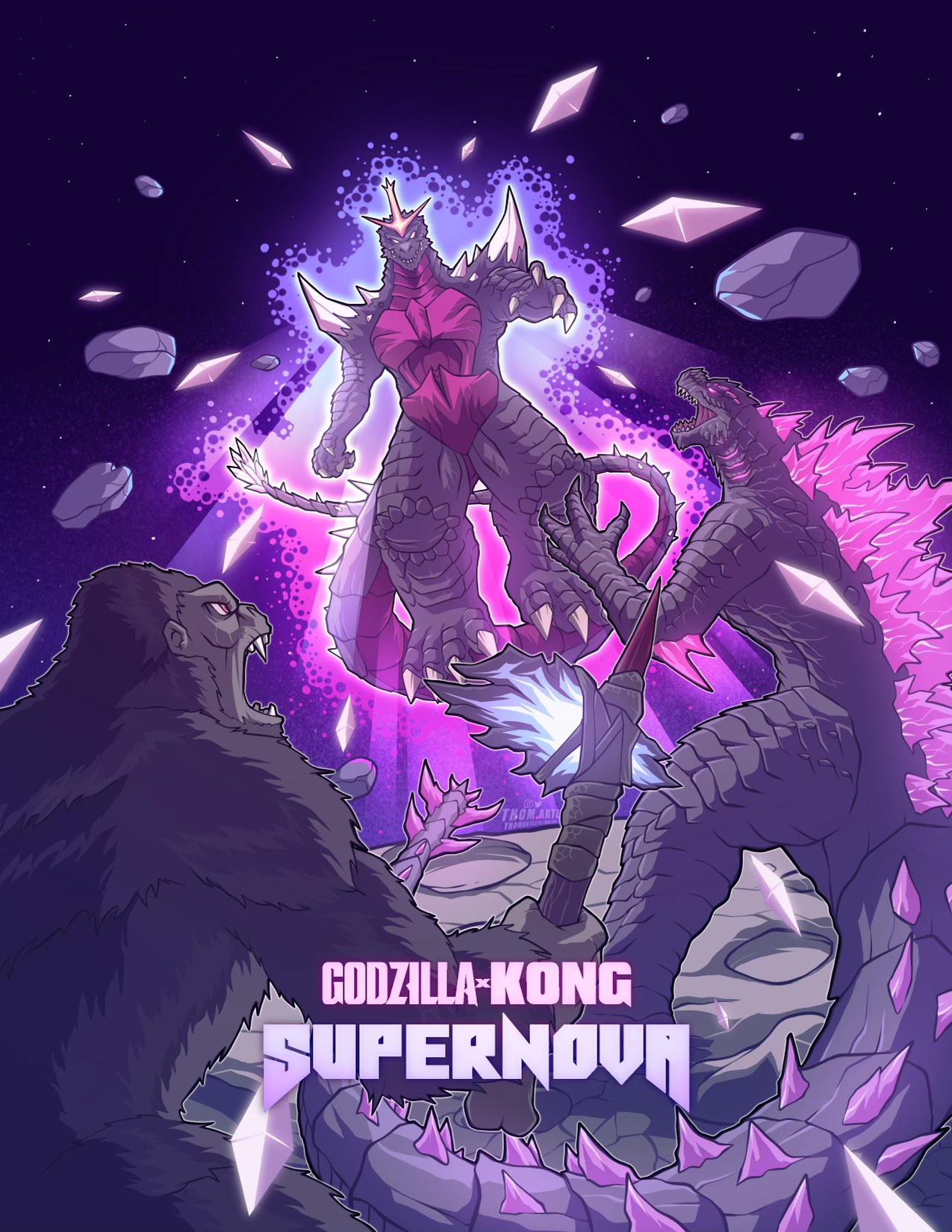 thomdotartz, godzilla, godzilla (monsterverse), godzilla evolved, king kong, spacegodzilla, godzilla (series), godzilla x kong: supernova, king kong (series), legendary pictures, monsterverse, toho, highres, alien, ape, aura, axe, battle axe, bone, bone axe, bone weapon, claws, crater, crest, crossover, crystal, english text, facial scar, fangs, floating, floating object, flying, gills, glowing, glowing axe, glowing eyes, glowing gills, glowing spikes, glowing weapon, gorilla, horns, kaiju, king kong's battle axe, levitation, meteor, moon, no humans, no pupils, orange eyes, pink eyes, psychic powers, scar, scar on cheek, scar on face, sharp teeth, shoulder spikes, sky, space, space monster, spiked tail, spikes, star (sky), starry sky, tail, teeth, thagomizer, weapon, white eyes