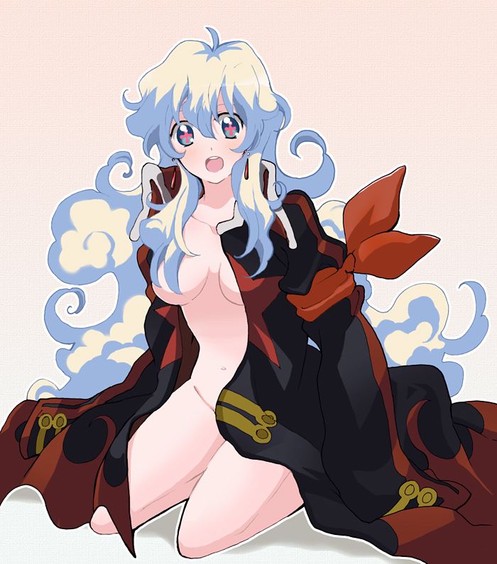 hazuki (pacco), nia teppelin, tengen toppa gurren lagann, + +, 00s, 1girl, aged up, armband, bandana, blush, borrowed clothes, breasts, censored, coat, convenient censoring, cross-shaped pupils, curly hair, earrings, female focus, hair censor, hair over breasts, jewelry, kneeling, long hair, medium breasts, multicolored hair, naked coat, no panties, nude, open mouth, sitting, smile, solo, symbol-shaped pupils, trench coat, very long hair