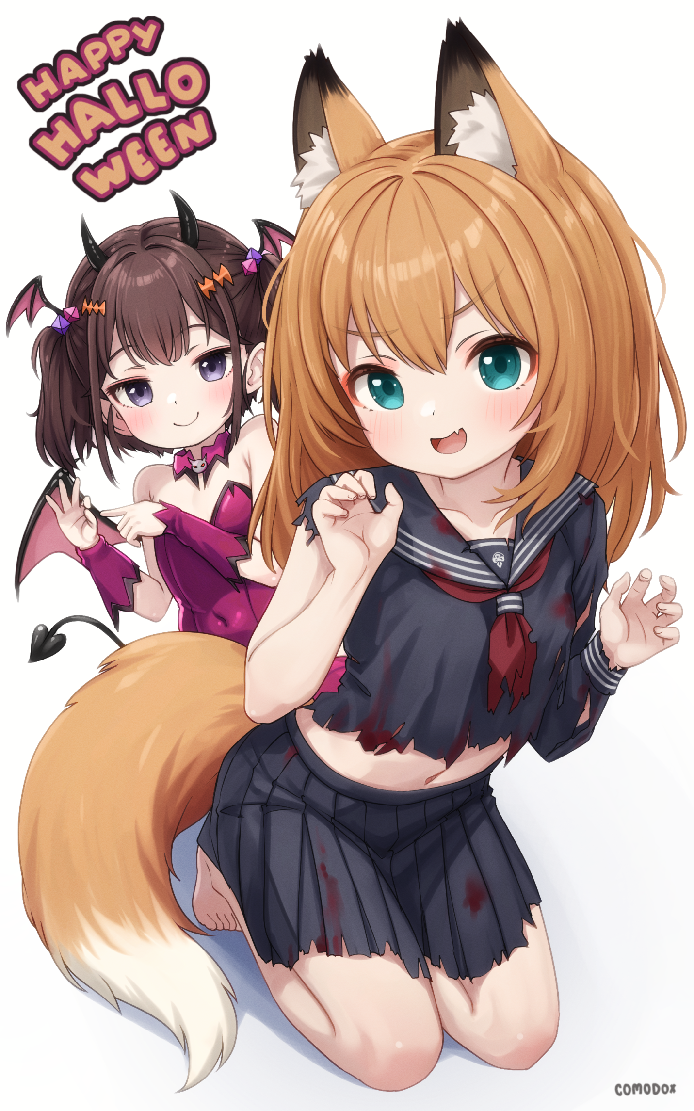 comodox, carrot (comodox), sol (comodox), original, commentary, english commentary, highres, 2girls, :d, animal ear fluff, animal ears, aqua eyes, artist name, barefoot, black sailor collar, black serafuku, black shirt, black skirt, blood, blood stain, breasts, brown hair, claw pose, closed mouth, covered navel, demon horns, demon tail, demon wings, detached collar, fang, fox ears, fox tail, hands up, happy halloween, head wings, horns, leotard, long hair, long sleeves, looking at viewer, midriff, miniskirt, multiple girls, navel, neckerchief, open mouth, penetration gesture, pink leotard, pleated skirt, purple eyes, red neckerchief, sailor collar, school uniform, seiza, serafuku, shirt, short hair, simple background, sitting, skin fang, skirt, small breasts, smile, strapless, strapless leotard, tail, toes, torn clothes, torn shirt, torn skirt, twintails, white background, wings