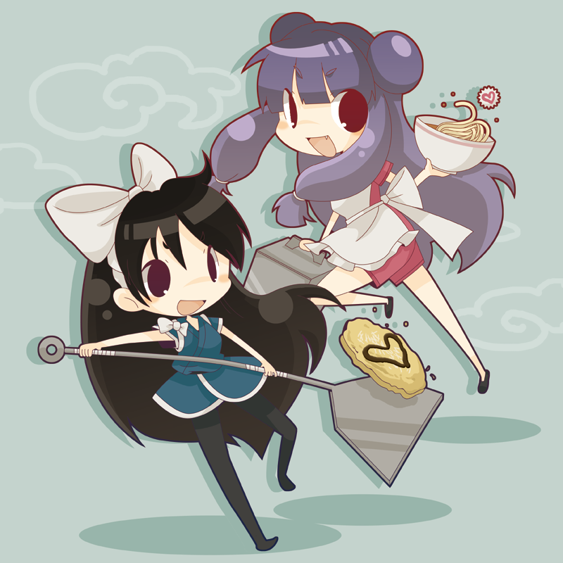 misaki, misaki (1n1m), kuonji ukyou, shampoo (ranma 1/2), ranma 1/2, 2girls, bow, fang, long hair, multiple girls, purple hair