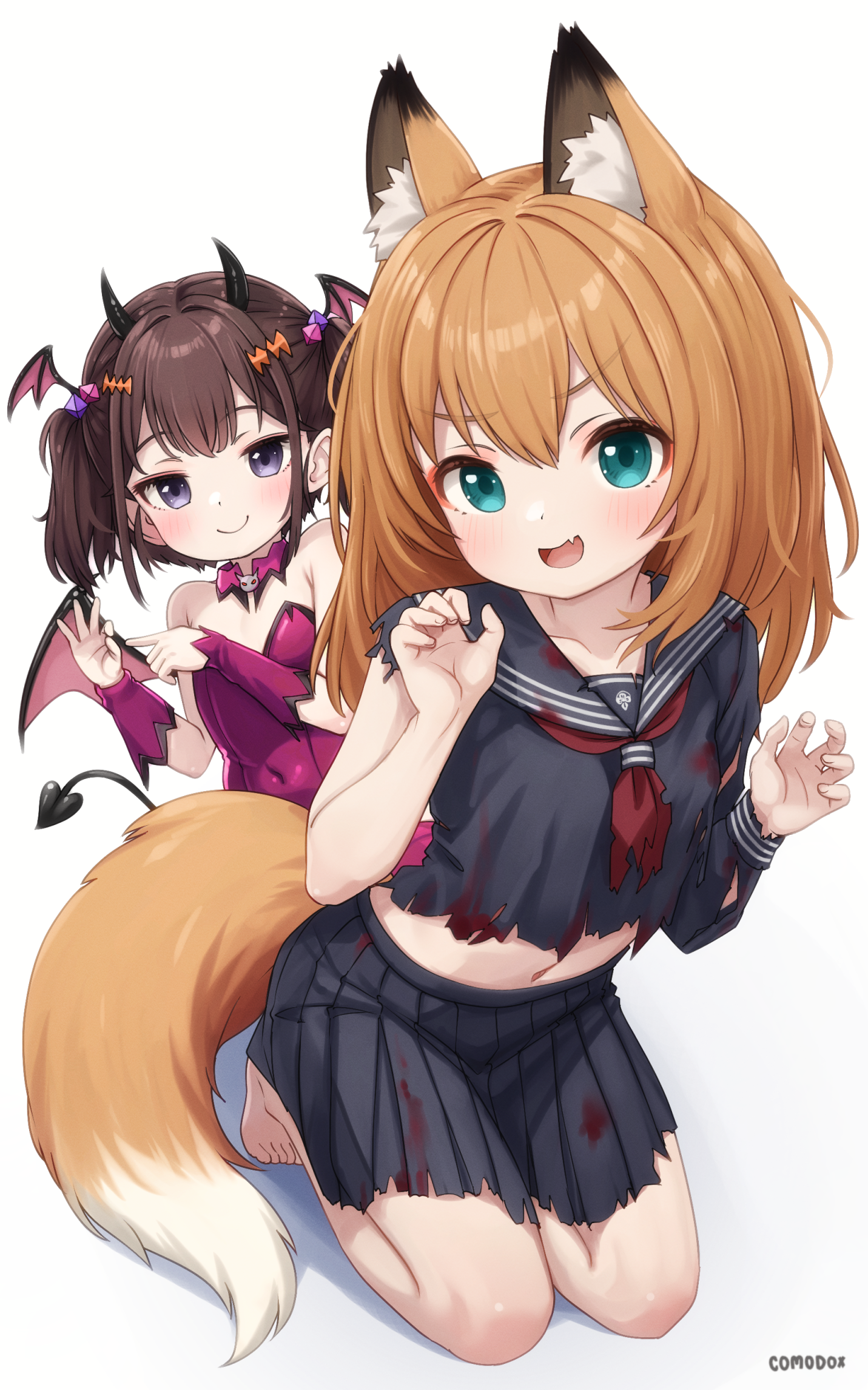 comodox, carrot (comodox), sol (comodox), original, commentary, english commentary, highres, 2girls, :d, animal ear fluff, animal ears, aqua eyes, artist name, bare shoulders, barefoot, black sailor collar, black serafuku, black shirt, black skirt, blood, blood stain, blue eyes, blush, breasts, brown hair, claw pose, closed mouth, collarbone, covered navel, demon horns, demon tail, demon wings, detached collar, fang, fox ears, fox tail, hair ornament, halloween costume, hands up, head wings, horns, kneeling, leotard, long hair, long sleeves, looking at viewer, medium hair, midriff, miniskirt, multiple girls, navel, neckerchief, open mouth, orange hair, penetration gesture, pink leotard, pleated skirt, purple eyes, purple leotard, red neckerchief, sailor collar, school uniform, seiza, serafuku, shirt, short hair, simple background, sitting, skin fang, skirt, small breasts, smile, strapless, strapless leotard, tail, toes, torn clothes, torn shirt, torn skirt, twintails, white background, wings