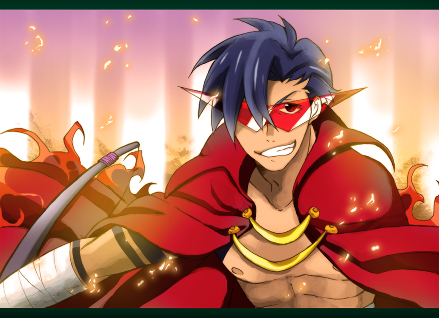 hazuki (pacco), kamina (ttgl), tengen toppa gurren lagann, 00s, 1boy, bandages, blue hair, bodypaint, cape, glasses, gradient background, grin, kamina shades, male focus, outdoors, red eyes, short hair, sky, smile, solo, sunglasses, topless male, triangular eyewear, upper body, white background