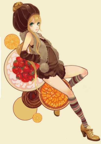 mokaffe, original, bad id, bad pixiv id, 1girl, blonde hair, detached sleeves, female focus, food, fruit, green eyes, hat, socks, solo, strawberry, striped clothes, striped socks