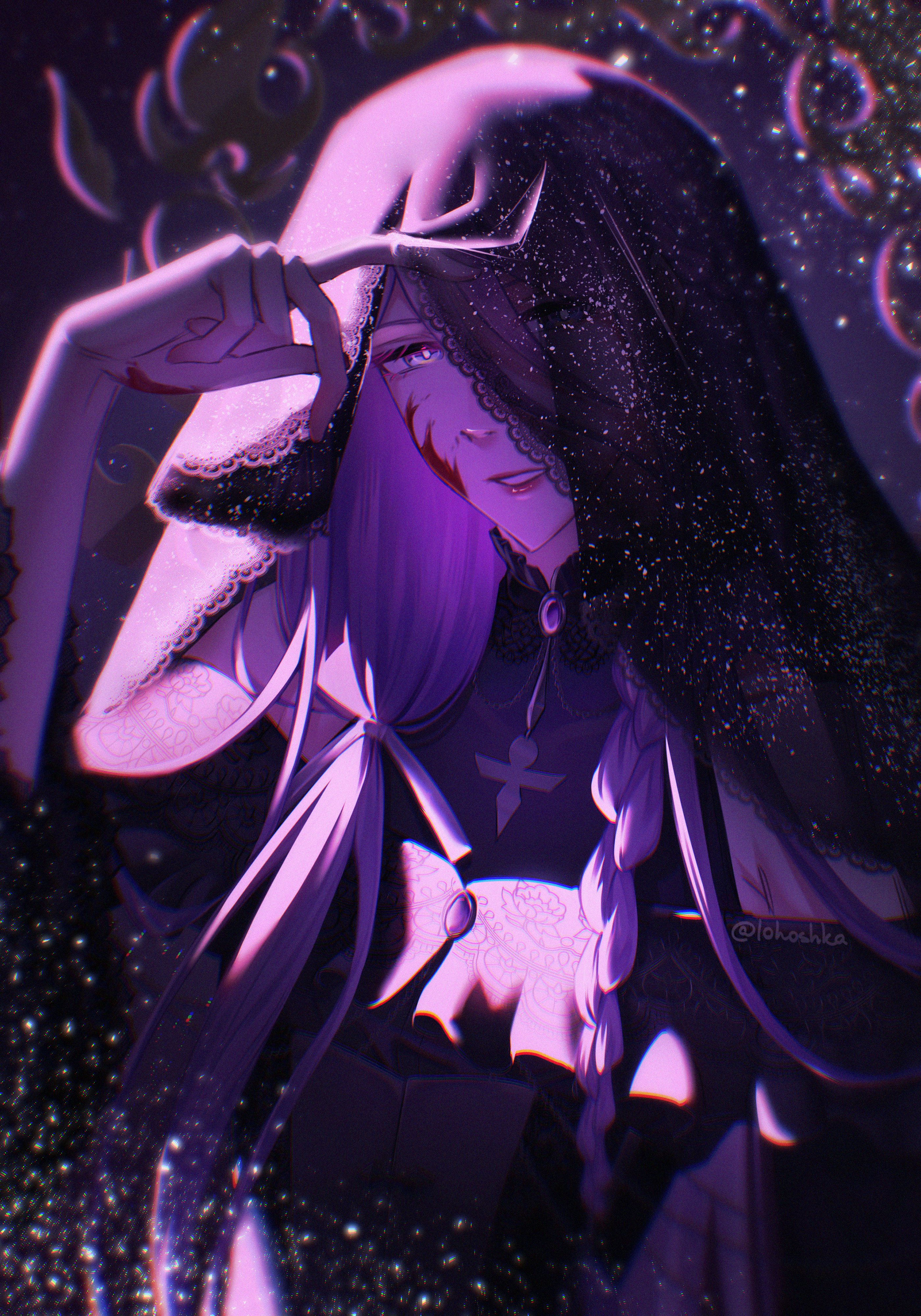 first stage production, absurdres, highres, blood, blood on face, blood on hands, evil smile, hair ribbon, hand up, lohoshka, long hair, nun, purple background, ribbon, shiki katagami, smile, sparkle, teeth, virtual youtuber, watermark