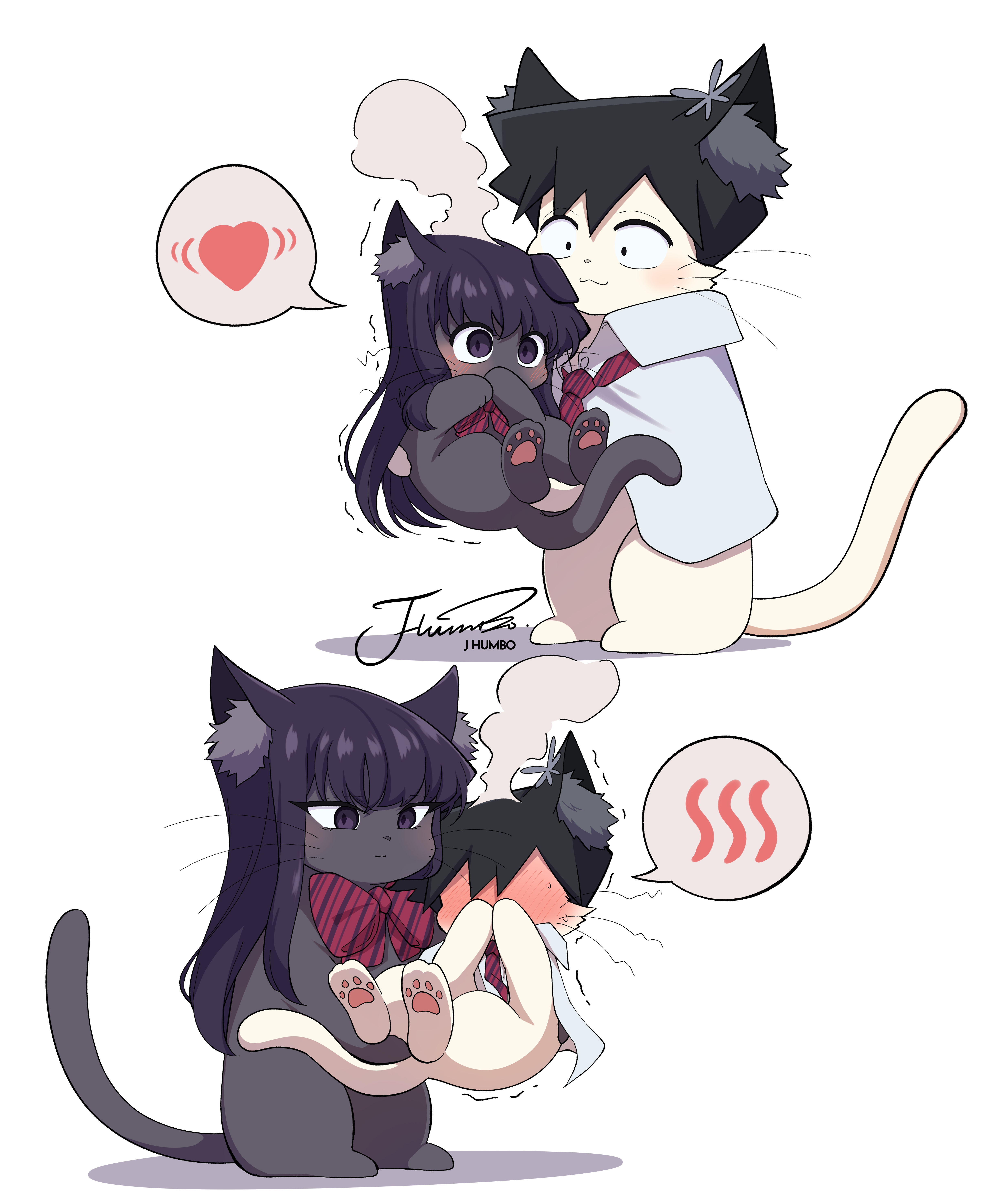 j humbo, komi shouko, tadano hitohito, komi-san wa komyushou desu, absurdres, commentary request, highres, animal, animalization, artist name, black hair, blush, bow, bowtie, carrying, cat, collared shirt, full-face blush, heart, long hair, necktie, no humans, princess carry, red bow, red bowtie, red necktie, reverse princess carry, shirt, short hair, signature, simple background, speech bubble, spoken blush, spoken heart, striped bow, striped bowtie, striped clothes, striped necktie, sweat, white background, white shirt
