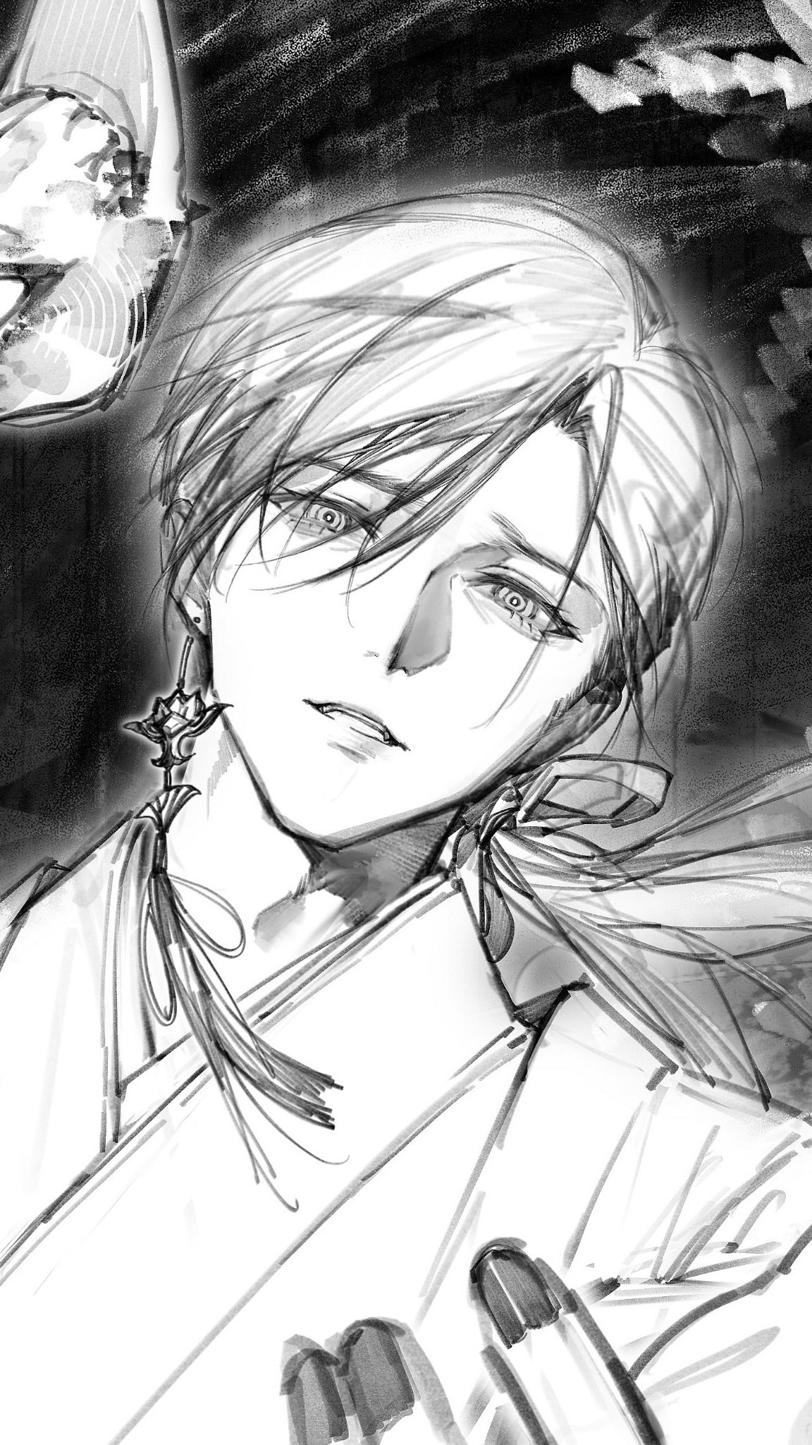 zzzzzm jiangzhouzi, fox mask (silent hill), silent hill (series), silent hill f, highres, 1boy, black background, black nails, earrings, fox mask, greyscale, hair between eyes, hair ribbon, japanese clothes, jewelry, long hair, looking at viewer, low ponytail, male focus, mask, monochrome, nail polish, parted lips, ponytail, ribbon, robe, single earring, solo, tassel, tassel earrings, unworn mask, upper body, white hair, white ribbon, white robe