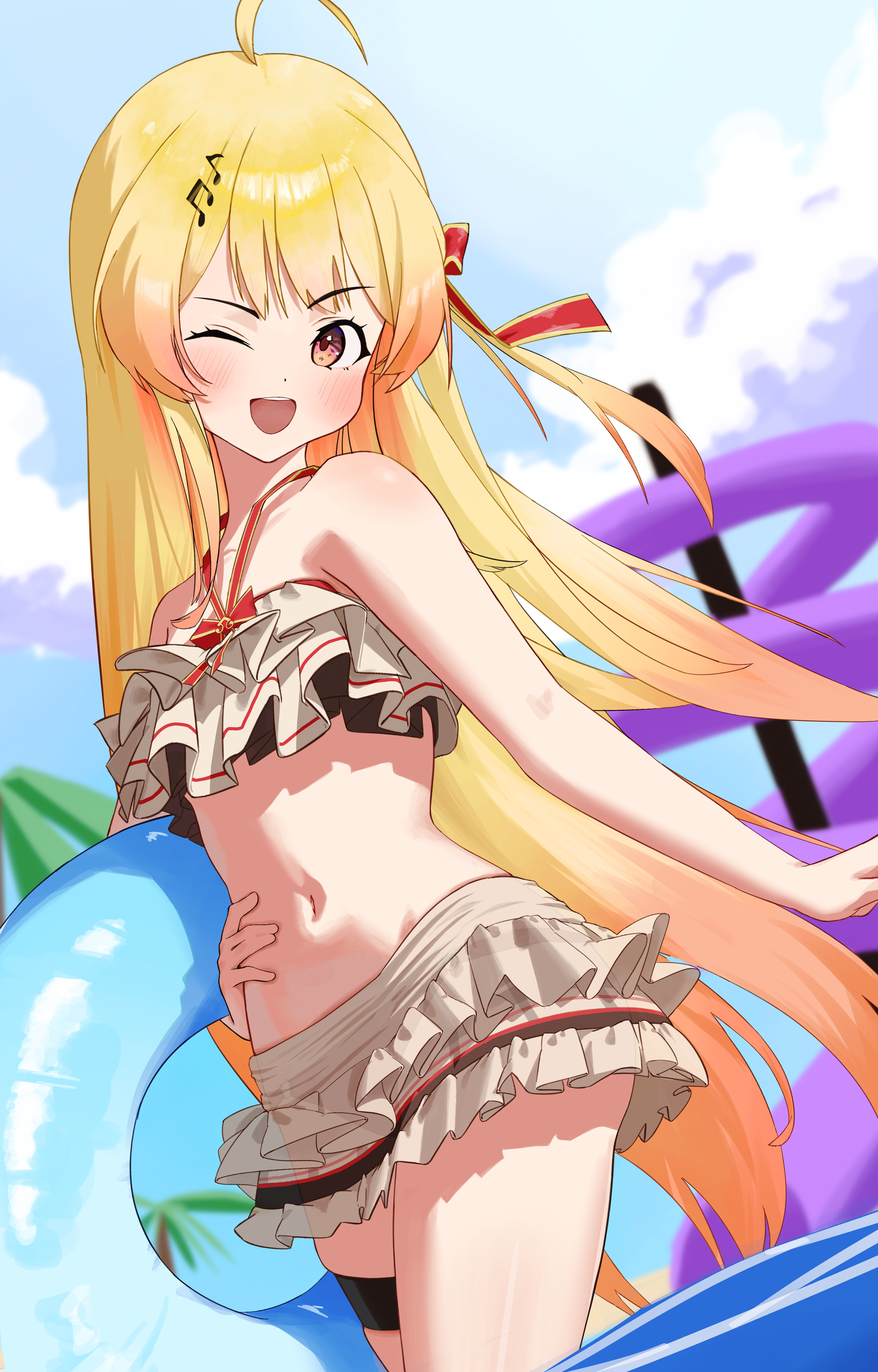 selopangji, otonose kanade, otonose kanade (1st costume), hololive, absurdres, highres, 1girl, :d, adapted costume, ahoge, bare shoulders, bikini, bikini skirt, blonde hair, bow, frilled bikini, frills, gradient hair, hair ornament, looking at viewer, midriff, multicolored hair, musical note, navel, one eye closed, open mouth, orange eyes, orange hair, smile, solo, swimsuit, virtual youtuber