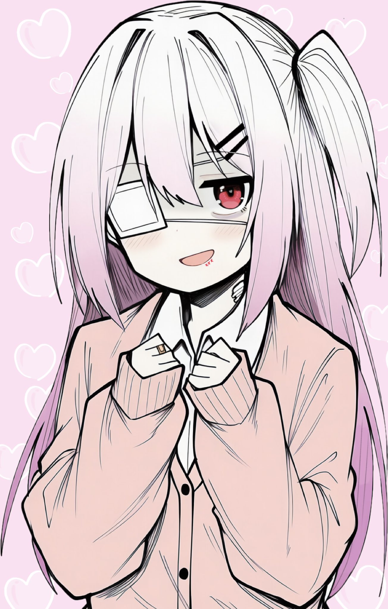 makigirisu, original, commentary request, highres, 1girl, :d, bags under eyes, bandaid, bandaid on finger, bandaid on hand, blush, brown cardigan, buttons, cardigan, collared shirt, dot nose, eyepatch, gauze, gauze on neck, gradient hair, hair between eyes, hair ornament, hairclip, hands up, heart, heart background, long hair, medical eyepatch, multicolored hair, one side up, open mouth, pink background, pink hair, red eyes, shirt, sleeves past wrists, smile, solo, two-tone hair, upper body, white hair, white shirt