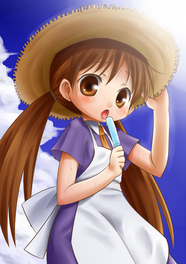 kikai (pixiv141279), hidoi, futaba channel, bad id, bad pixiv id, 1girl, apron, brown eyes, brown hair, cloud, day, female focus, food, hat, open mouth, popsicle, short sleeves, sky, solo, straw hat, tongue, twintails