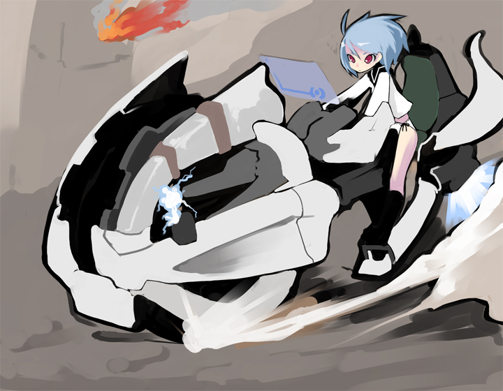 kimura akiyoshi, halo (game), halo (series), vehicle, bad id, bad pixiv id, 1girl, ahoge, blue hair, brute chopper, female focus, motor vehicle, motorcycle, panties, red eyes, side-tie panties, solo, underwear
