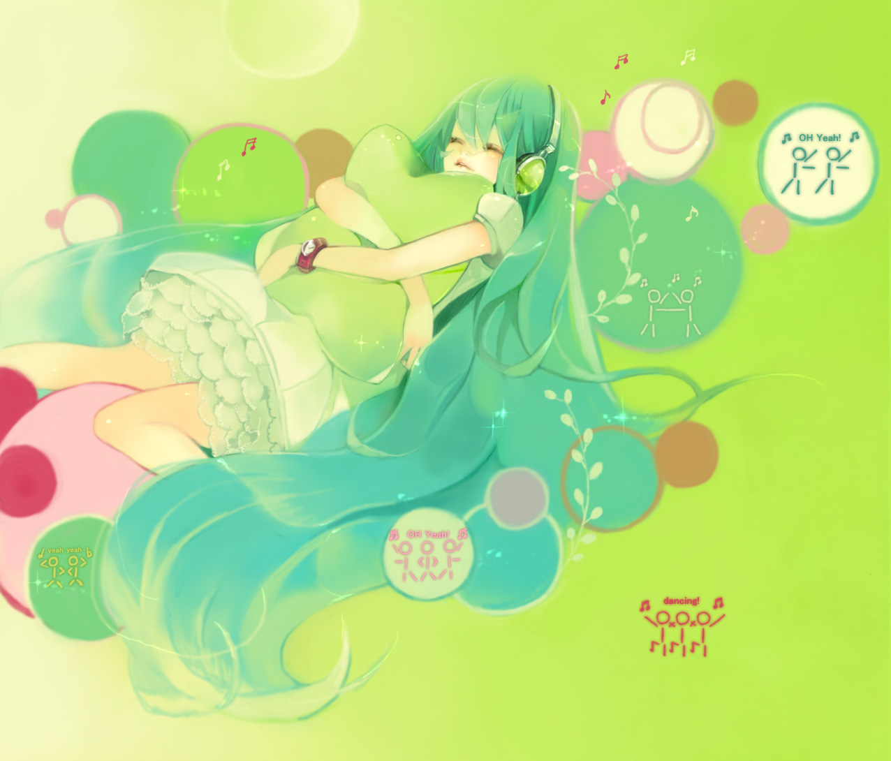 mokaffe, hatsune miku, vocaloid, aqua hair, casual, dress, green background, hair down, headphones, listening to music, long hair, pillow, sleeping, solo, very long hair