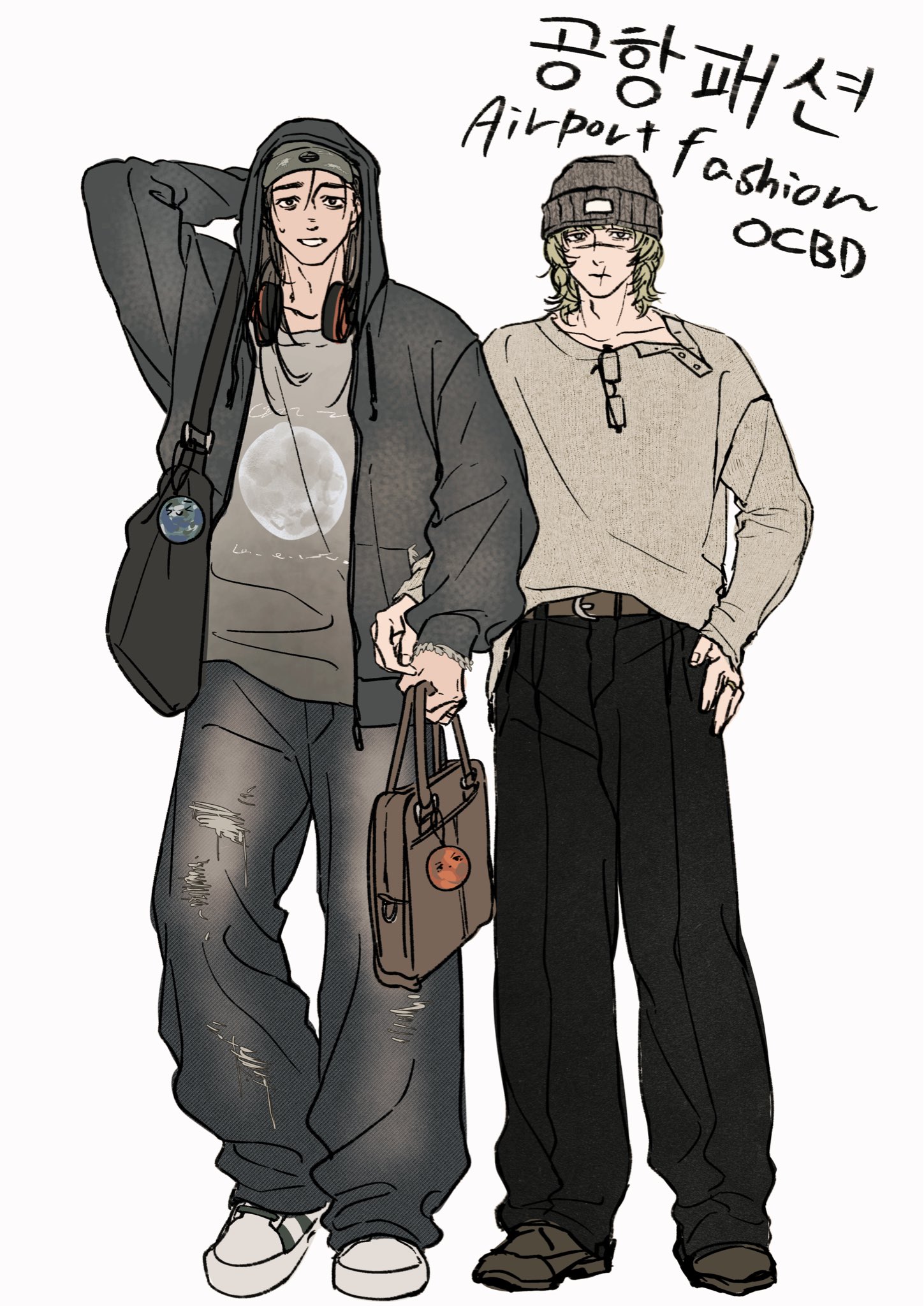 badeni, oczy, chi.: chikyuu no undou ni tsuite, highres, 2boys, alternate costume, arm behind head, bag, beanie, belt, belt buckle, black bag, black hair, black pants, blonde hair, blue pants, brown belt, brown shoes, buckle, contemporary, denim, eyewear hang, full body, grey hat, grey jacket, grey shirt, hair between eyes, hand on own hip, hat, headphones, headphones around neck, holding, holding another's arm, holding bag, hood, hood up, hooded jacket, jacket, jeans, male focus, medium hair, multiple boys, nervous smile, nomunomuwotaku, pants, parted lips, scar, scar on face, scar on mouth, scar on nose, shirt, shoes, shoulder bag, smile, sneakers, standing, sweatdrop, torn clothes, torn pants, unworn eyewear, white background, white shirt, white shoes, yaoi