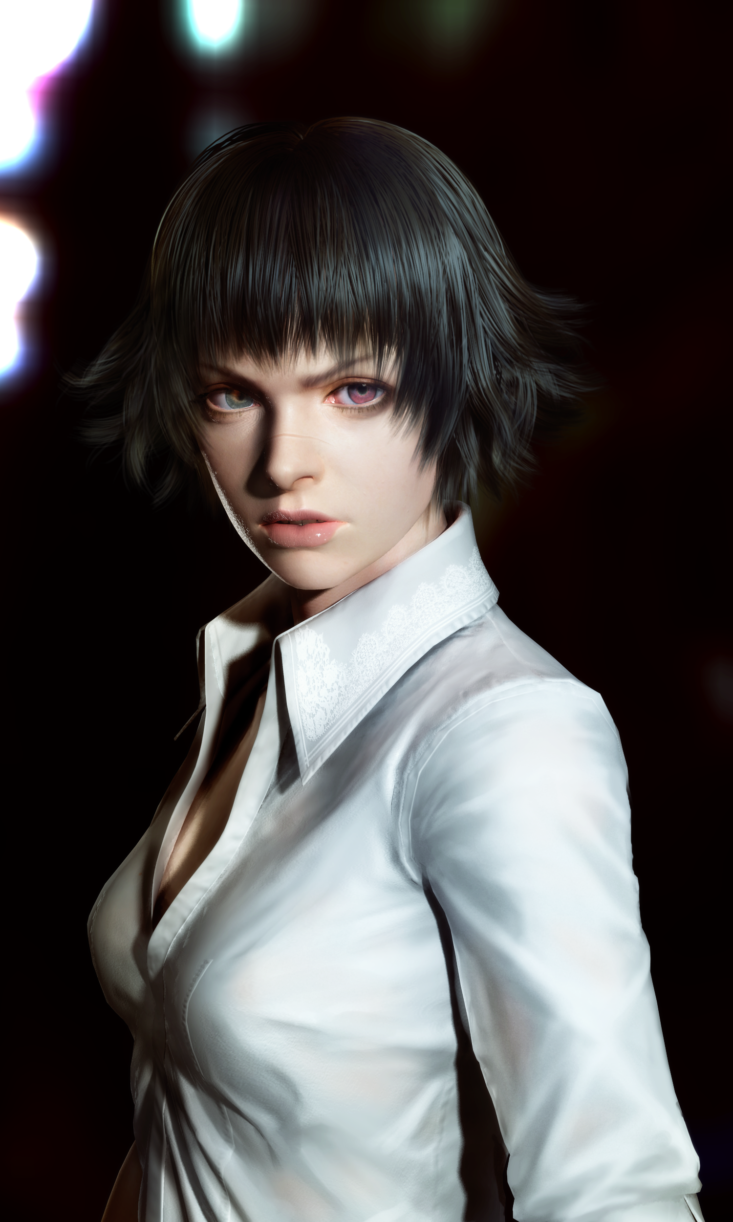 lady (devil may cry), capcom, devil may cry, devil may cry (series), devil may cry 3, absurdres, highres, 00s, 1girl, 3d, black hair, breasts, female focus, heterochromia, lips, scar, short hair, small breasts, solo