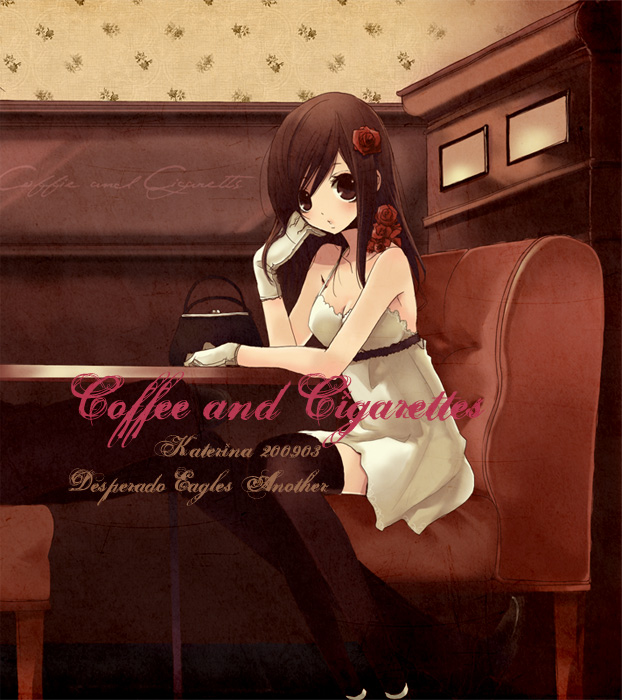 ogura, bad id, bad pixiv id, brown eyes, brown hair, flower, gloves, long hair, solo, table, thighhighs, zettai ryouiki