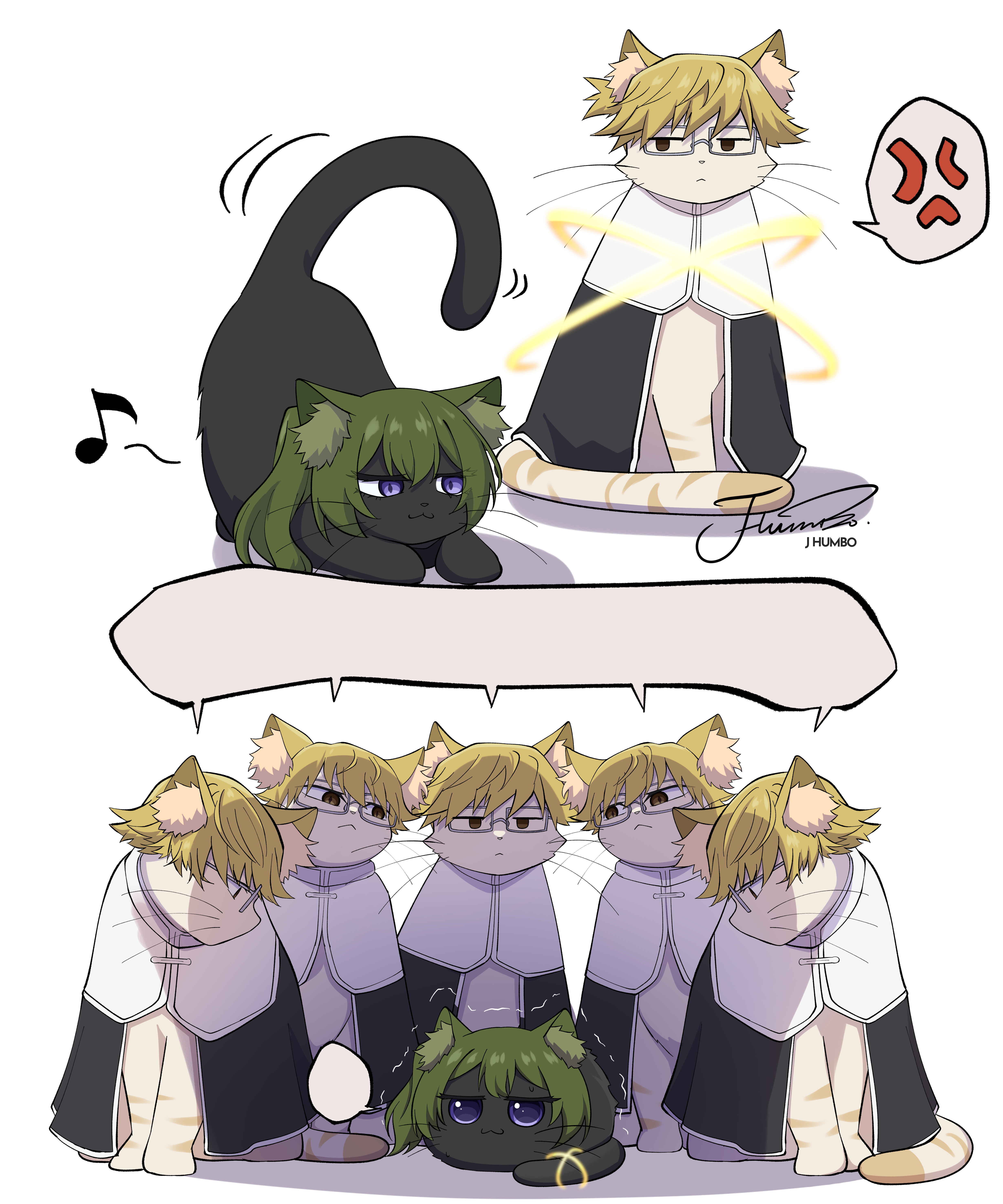 j humbo, land (sousou no frieren), ubel (sousou no frieren), sousou no frieren, absurdres, commentary, highres, symbol-only commentary, :3, anger vein, animal, animal ear fluff, animalization, black cat, blonde hair, cat, glasses, green hair, long hair, meme, no humans, piper perri surrounded (meme), purple eyes, scene reference, short hair, simple background, sorganeil, speech bubble, spoken anger vein, trembling