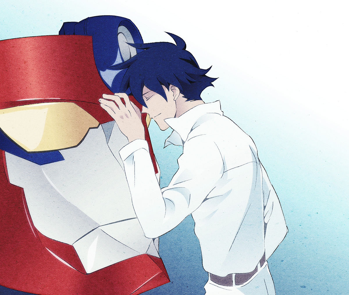 hayami sukaruchinofu, lagann, simon (ttgl), tengen toppa gurren lagann, tengen toppa gurren lagann: lagann-hen, 00s, 1boy, belt, blue hair, closed eyes, male focus, mecha, robot, short hair, solo, tuxedo