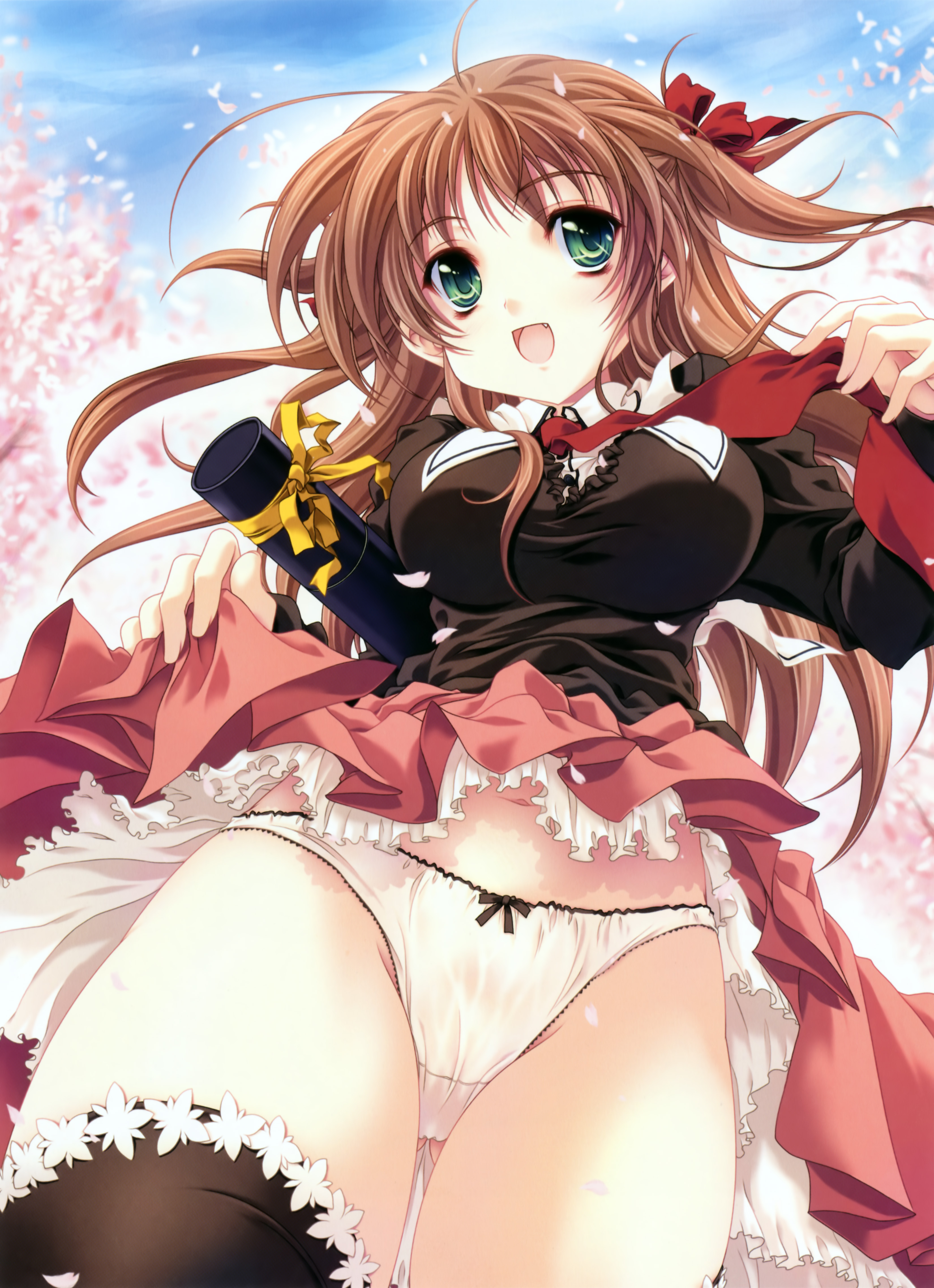 miyama-zero, absurdres, highres, 1girl, brown hair, clothes lift, diploma, female focus, green eyes, panties, petals, school uniform, skirt, skirt lift, solo, thighhighs, underwear, upskirt, wind