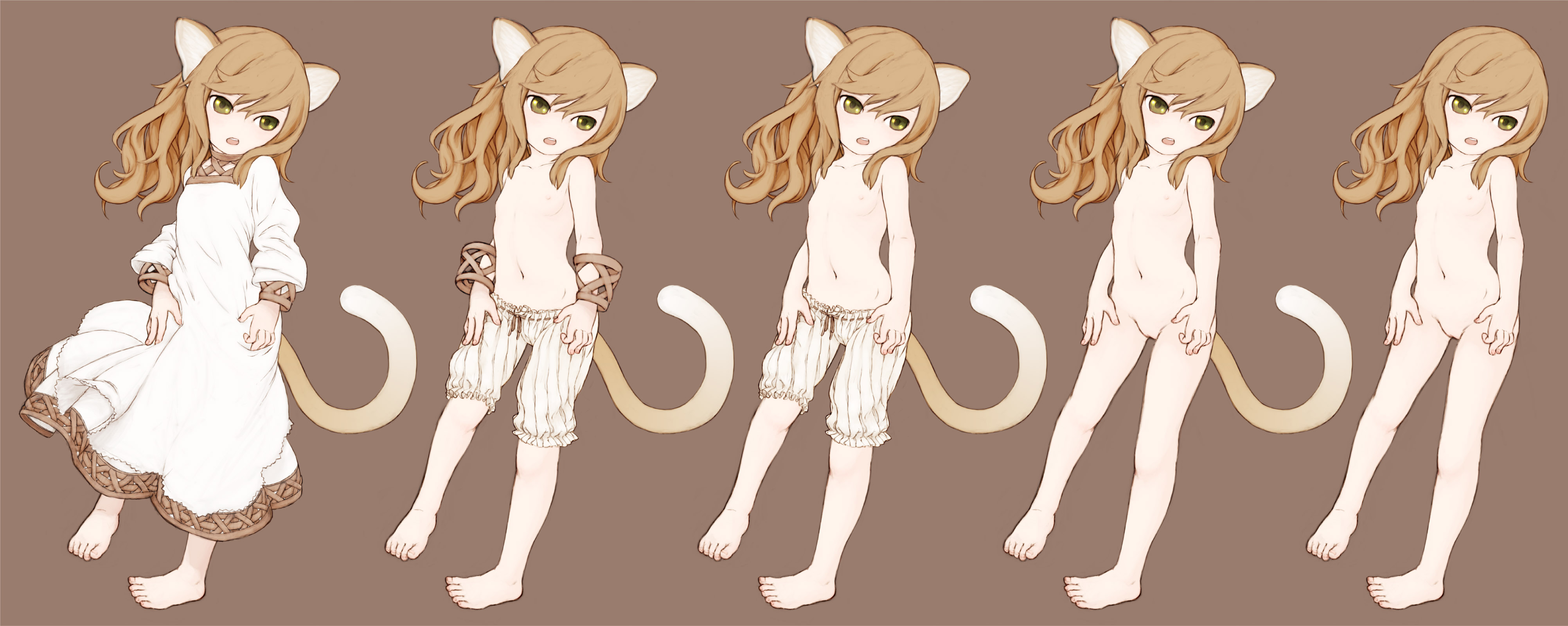 feral lemma, absurdres, bad id, bad pixiv id, copyright request, highres, long image, wide image, 1girl, animal ears, barefoot, brown hair, cat ears, cat tail, dress, feet, female focus, flat chest, loli, navel, nipples, nude, pussy, solo, tail, toes