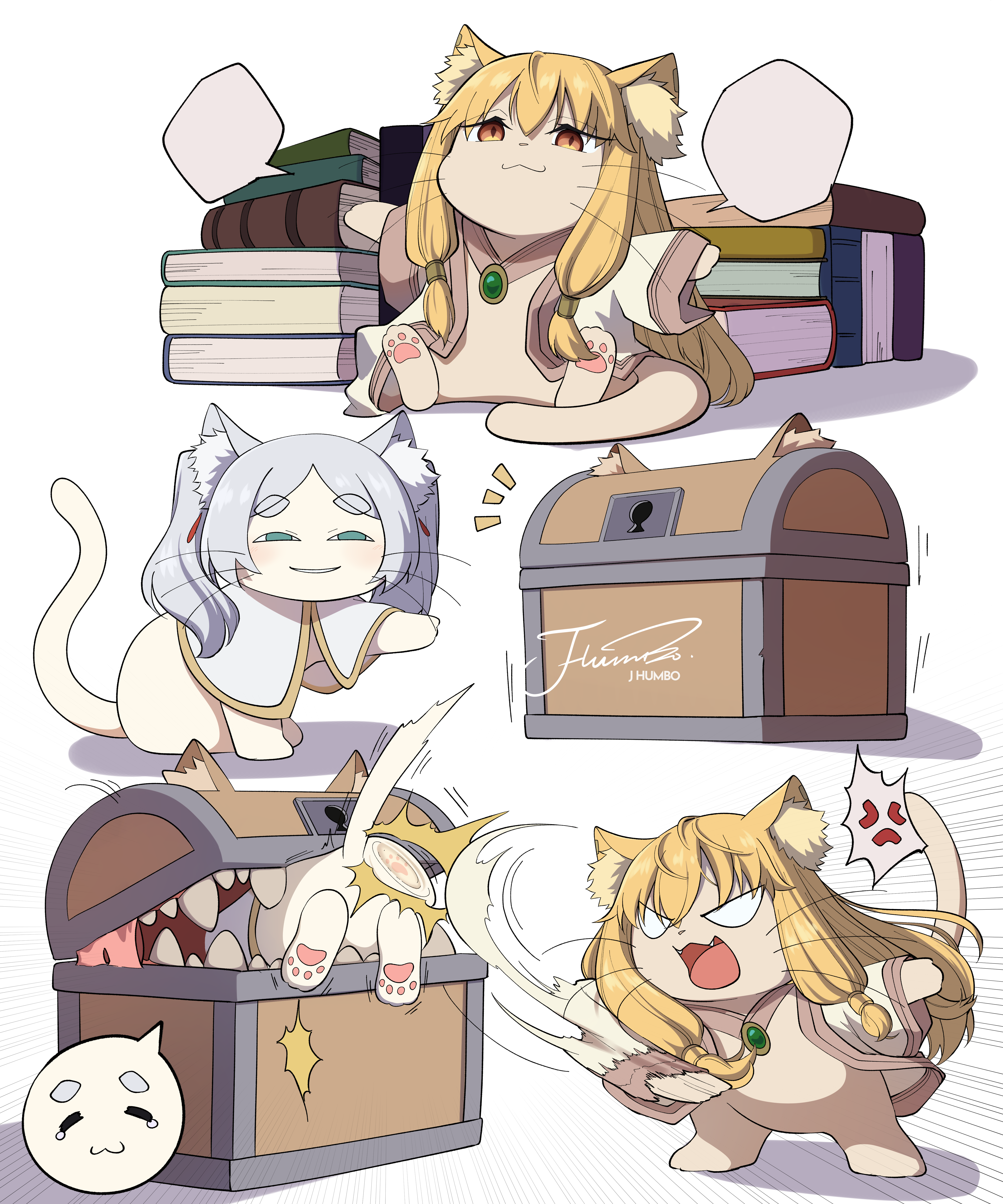 j humbo, frieren, mimic chest, serie (sousou no frieren), sousou no frieren, absurdres, commentary, highres, symbol-only commentary, :3, = =, anger vein, angry, animal, animal ear fluff, animalization, anya's heh face (meme), blank speech bubble, blonde hair, book, book stack, cat, clothed animal, frieren stuck in a mimic (meme), grey hair, meme, mimic, no humans, smug, speech bubble, spoken expression