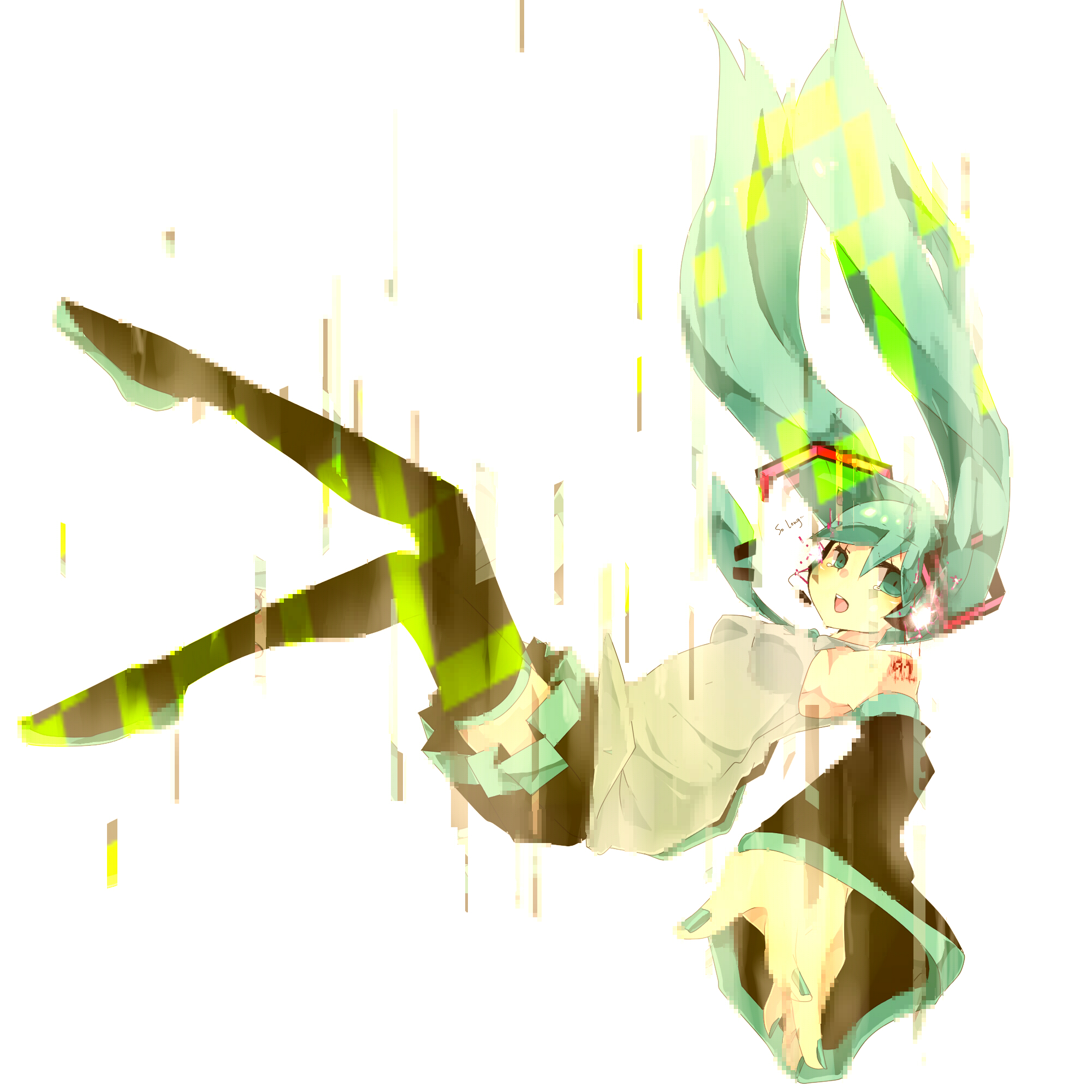 hanasaki coa, hatsune miku, vocaloid, bad id, bad pixiv id, highres, aqua hair, detached sleeves, falling, green eyes, headphones, long hair, necktie, skirt, tears, thighhighs, twintails, zettai ryouiki