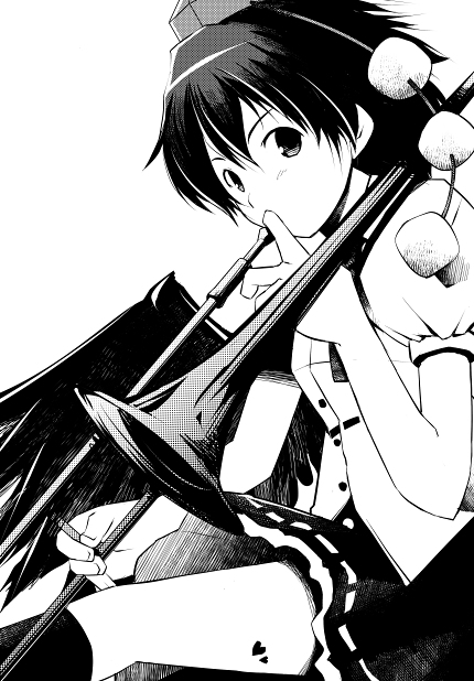 sakura (medilore), shameimaru aya, touhou, bad id, bad pixiv id, 1girl, bob cut, female focus, greyscale, hat, instrument, looking at viewer, monochrome, music, playing instrument, short hair, simple background, skirt, solo, tokin hat, trombone, white background, wings