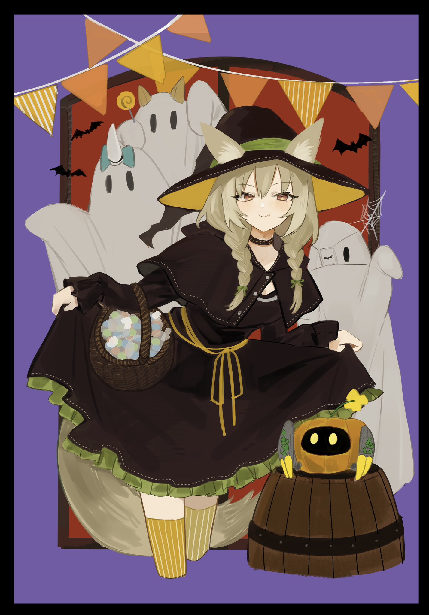 k-yosinori, beanstalk (arknights), bubble (arknights), ceobe (arknights), popukar (arknights), arknights, commentary, highres, 1girl, animal ears, barrel, basket, black border, black capelet, black dress, black hat, blush, border, bow, braid, brown eyes, brown hair, brown tail, capelet, closed mouth, cropped legs, domesticated metal crab (arknights), dress, ears through headwear, eyepatch, ghost, green bow, hair between eyes, hair bow, hair over shoulder, halloween, hat, long hair, long sleeves, looking at viewer, medical eyepatch, pennant, ribbon-trimmed capelet, ribbon-trimmed dress, ribbon trim, silk, skirt hold, smile, solo, spider web, standing, string of flags, striped clothes, striped thighhighs, tail, thighhighs, twin braids, two-sided fabric, two-sided headwear, vertical-striped clothes, vertical-striped thighhighs, witch hat, yellow hat, yellow thighhighs
