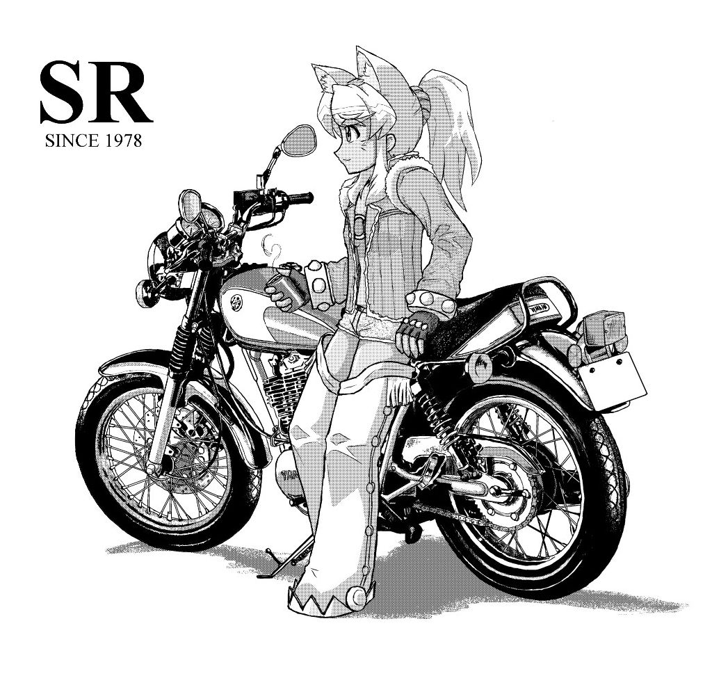 tokka, liru, renkin san-kyuu magical pokaan, vehicle, bad id, bad pixiv id, 1girl, animal ears, dark-skinned female, dark skin, dog ears, dog tail, enticer, extra ears, female focus, greyscale, monochrome, motor vehicle, motorcycle, ponytail, solo, tail, thighhighs, wolf ears, yamaha