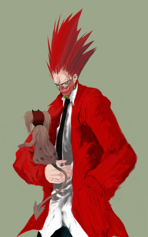 aoguu, en (dorohedoro), kikurage (dorohedoro), dorohedoro, bad id, bad pixiv id, 1boy, animal, demon tail, formal clothes, hand in pocket, holding, holding animal, male focus, mask, necktie, no eyebrows, red hair, simple background, solo, suit, tail