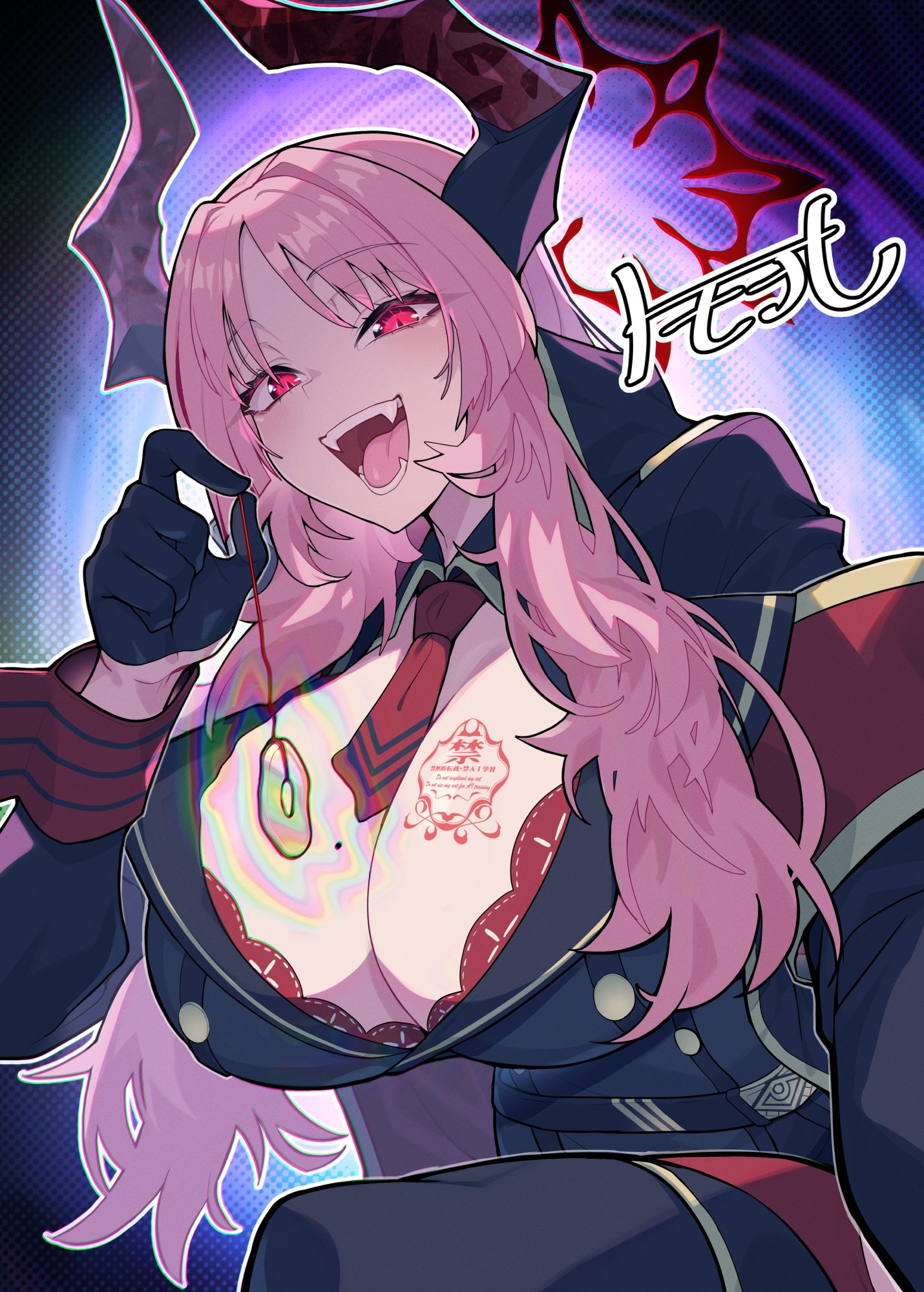 matsumoto tomoyohi, satsuki (blue archive), blue archive, commentary, highres, 1girl, black gloves, black jacket, bra, bra peek, breasts, cleavage, coin, coin on string, demon horns, fangs, gloves, halo, hand up, holding, holding pendulum, holed coin, horns, huge breasts, hypnosis, hypnotizing viewer, jacket, long hair, long sleeves, looking at viewer, mind control, mole, mole on breast, necktie, open mouth, parted bangs, pendulum, pink hair, red eyes, red halo, red necktie, red wrist cuffs, short necktie, smile, solo, teeth, tongue, underwear, upper body, wrist cuffs